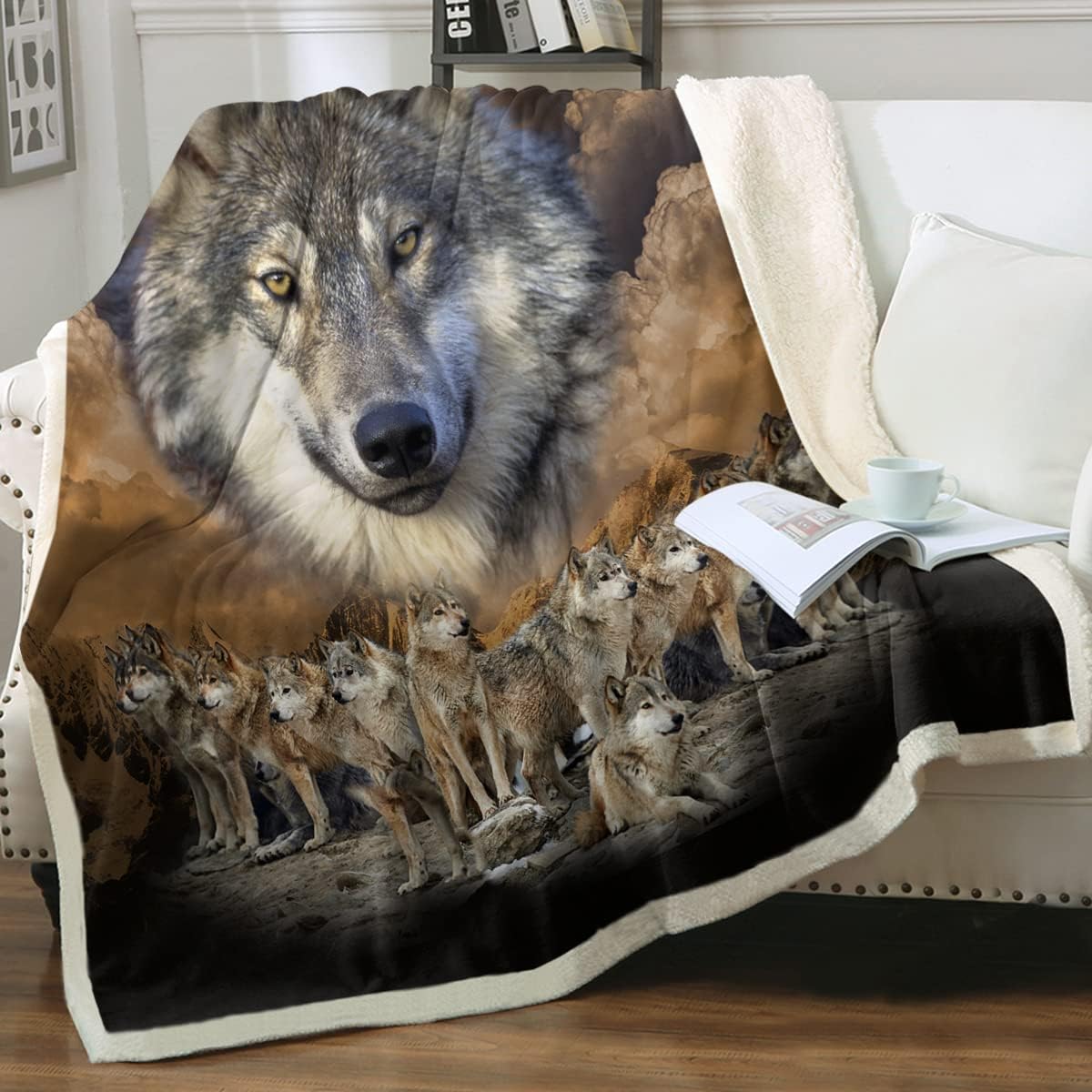 Sleepwish Manta de vellón de lobo indio, manta sherpa de felpa de lobo nativo americano, acogedora y cálida manta de felpa para cama, sofá, silla,