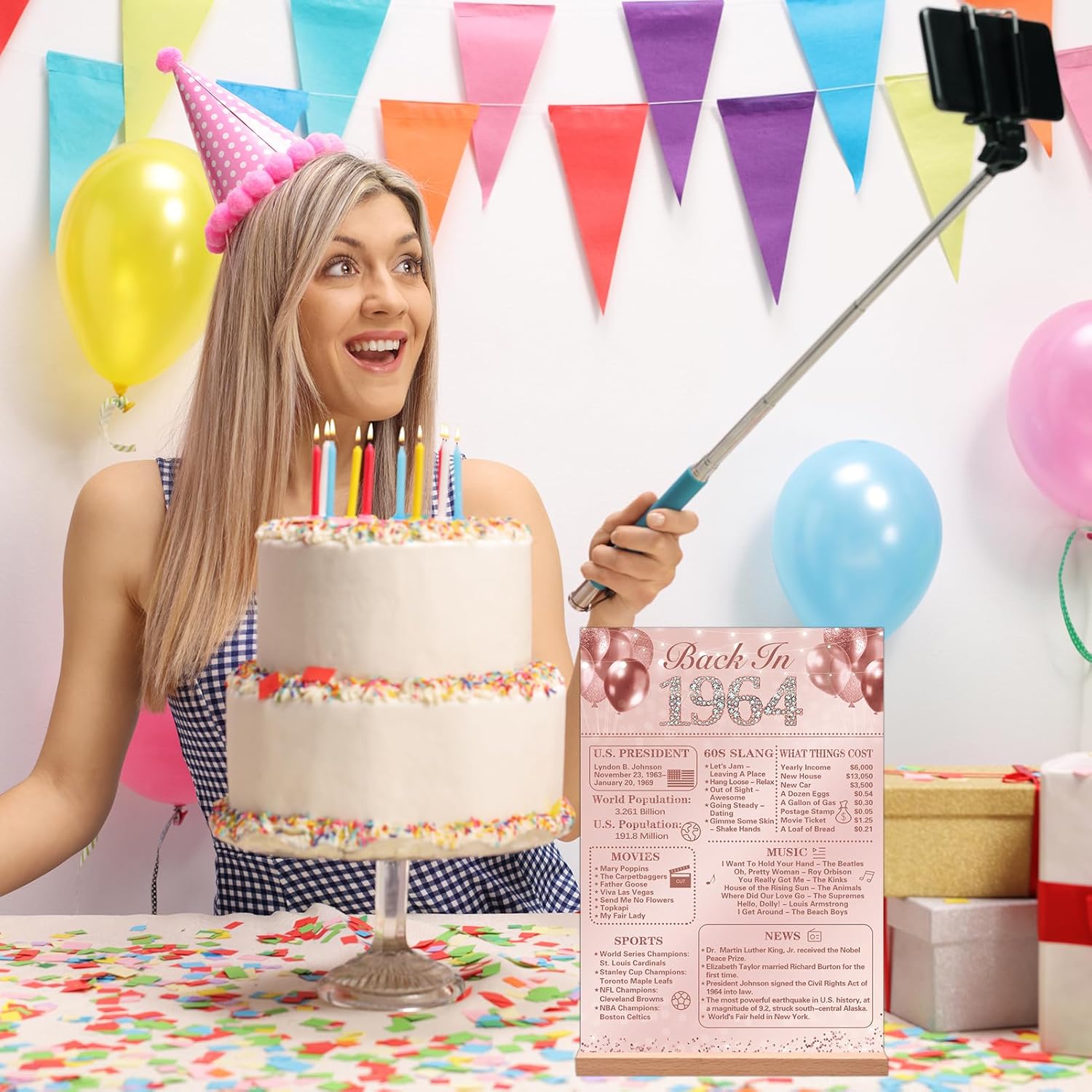 Trgowaul Decoración de cumpleaños número 60 para mujer, póster de cumpleaños de acrílico con soporte, regalo de 60 aniversario, suministros de