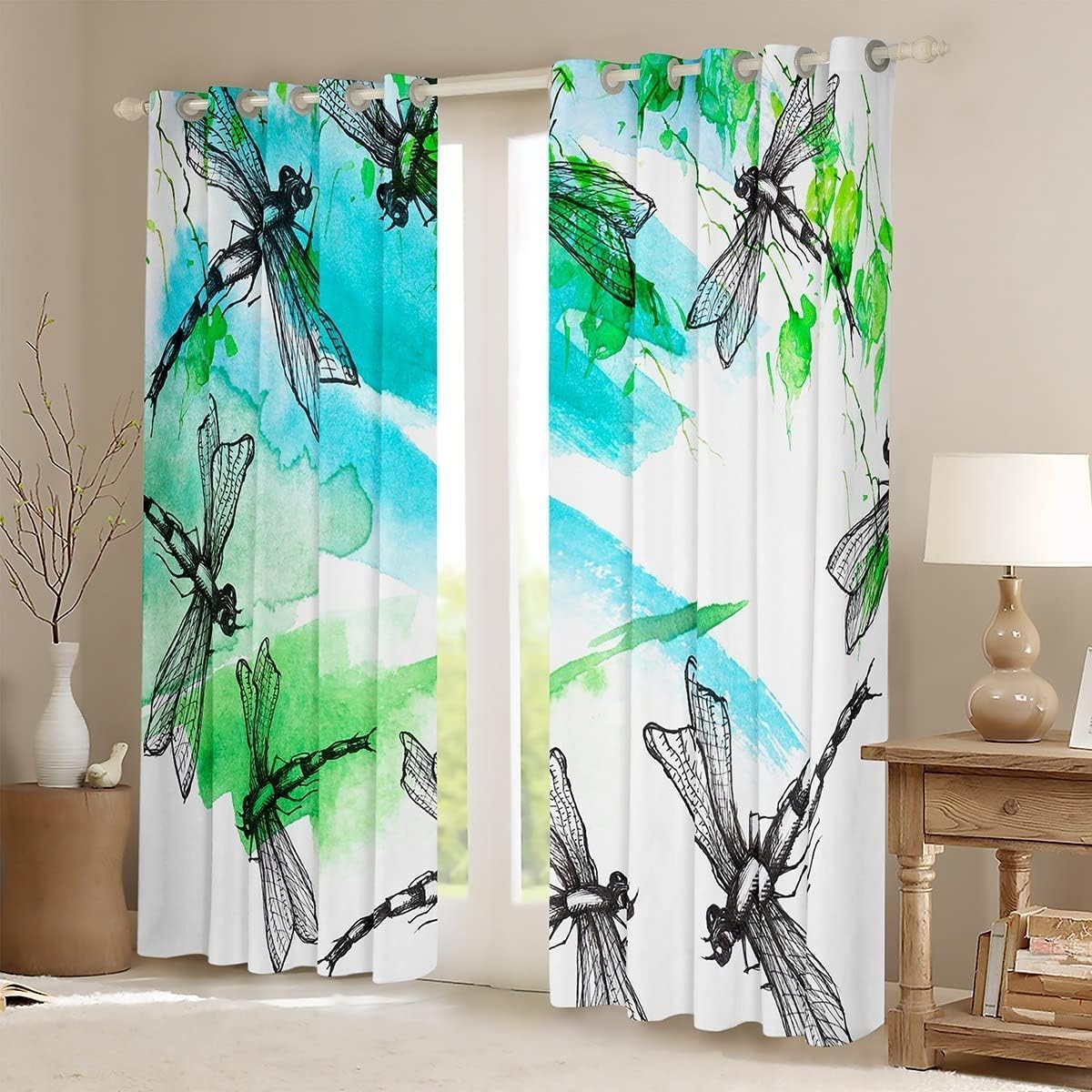 Sxakswol Cortinas opacas 3D de libélula, cortinas de insectos para dormitorio, sala de estar, libélula de ventana, cortinas con aislamiento térmico,