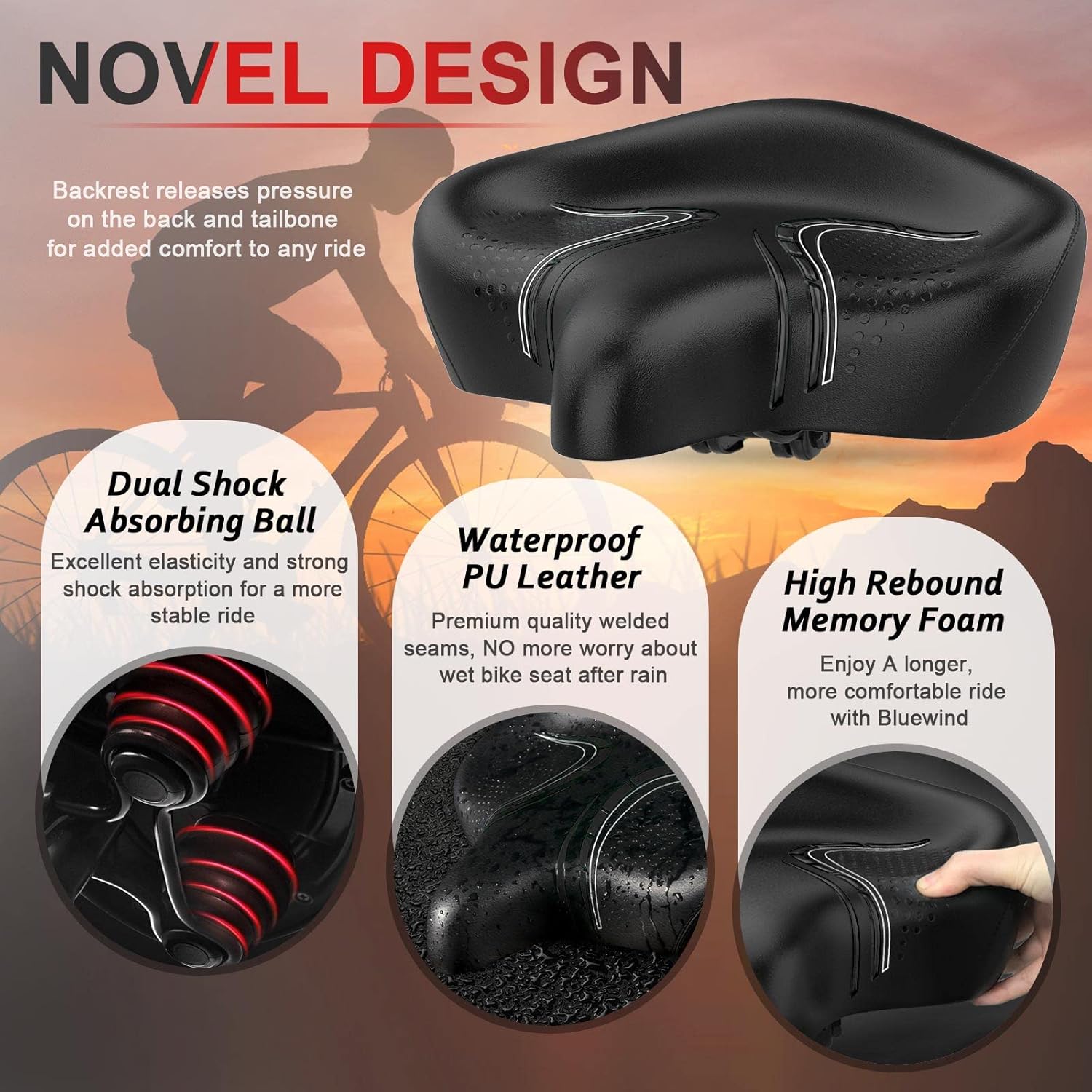 BLUEWIND Asiento de bicicleta de gran tamaño, asiento de bicicleta ancho, diseño de respaldo novedoso para bicicleta eléctrica, ajuste universal