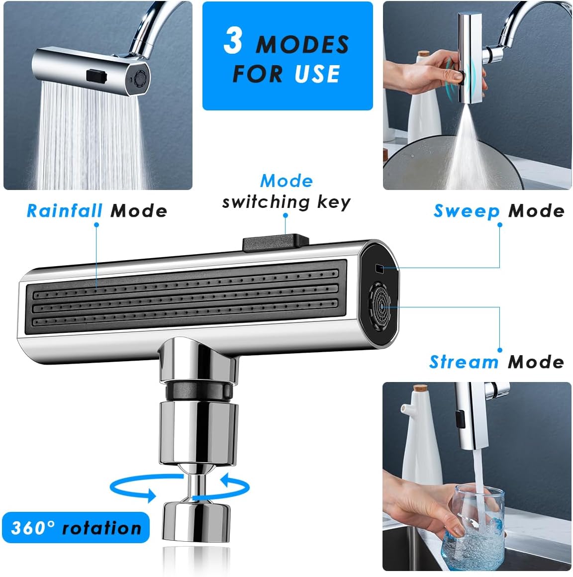 Suteng Grifo de cocina en cascada, grifo de cocina táctil, 3 en 1 de reemplazo de cabezal de grifo de cocina de 360, grifo de fregadero de cocina a
