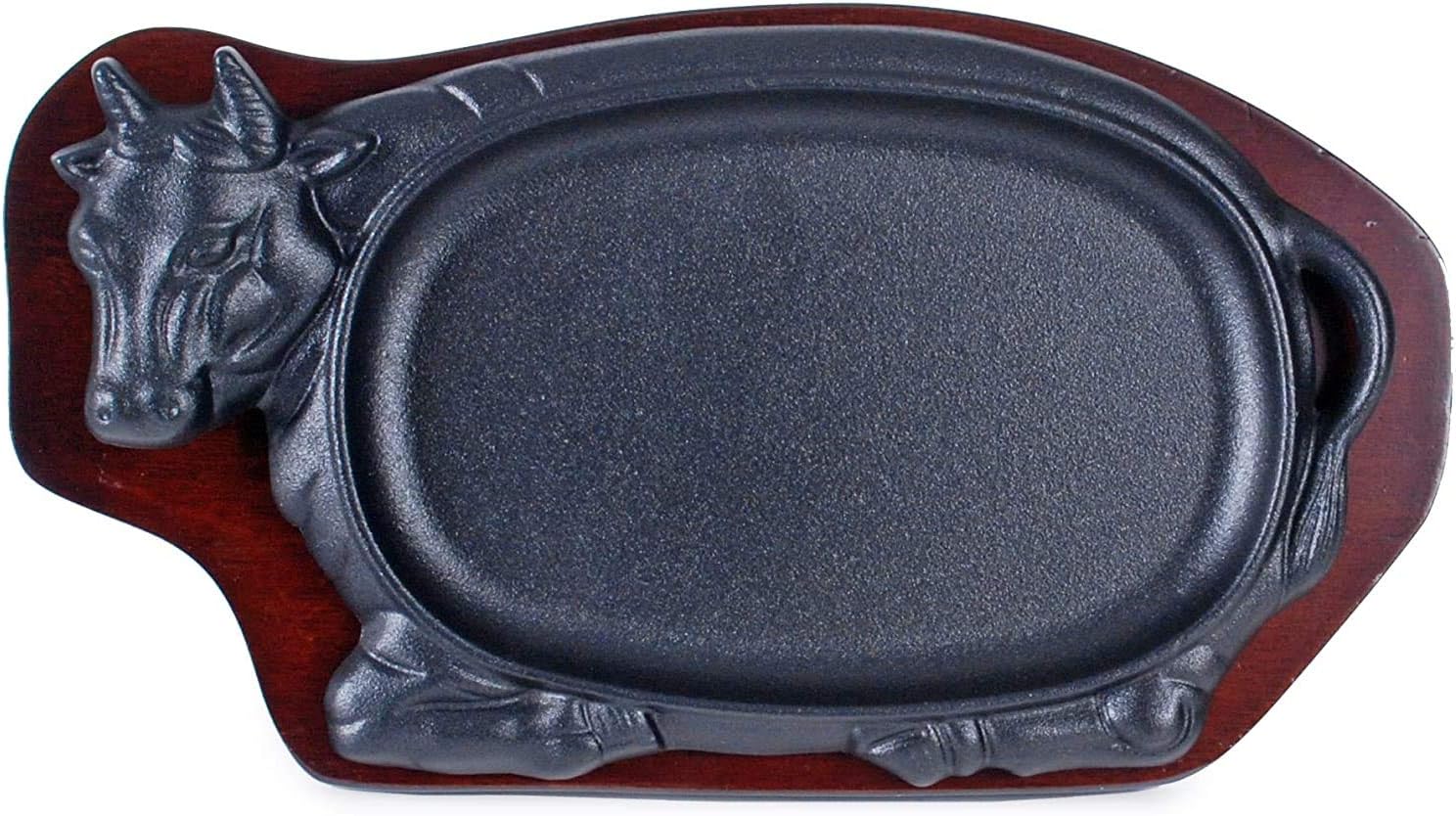 Happy Sales HSGRD-COW12 – Plancha grande de hierro fundido para carne con base de madera, sartén para carne, placa de servidor de fajita, uso