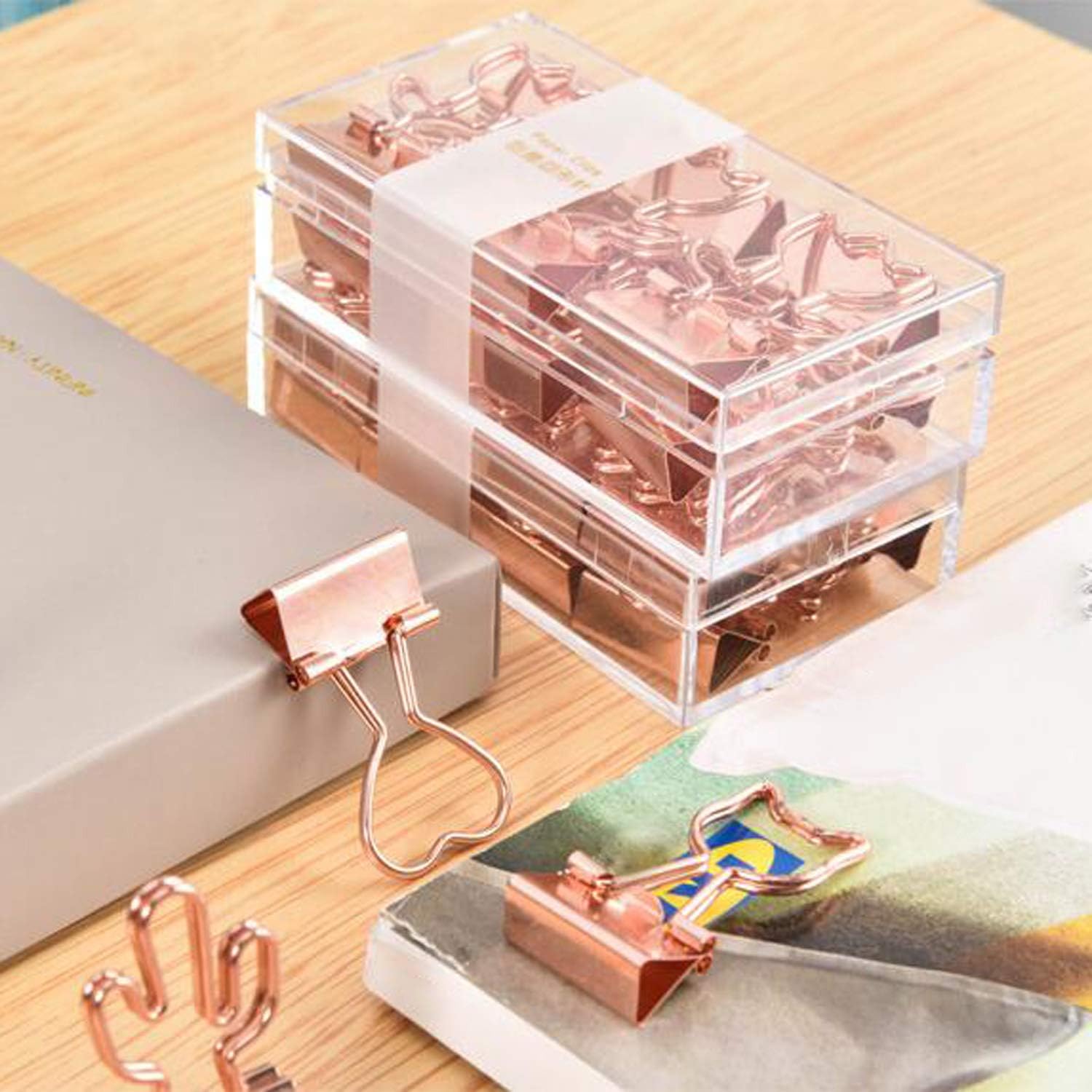 Clips para carpeta de cactus con bonitos clips medianos de oro rosa en caja de cristal acrílico para oficina, escuela y suministros para el hogar