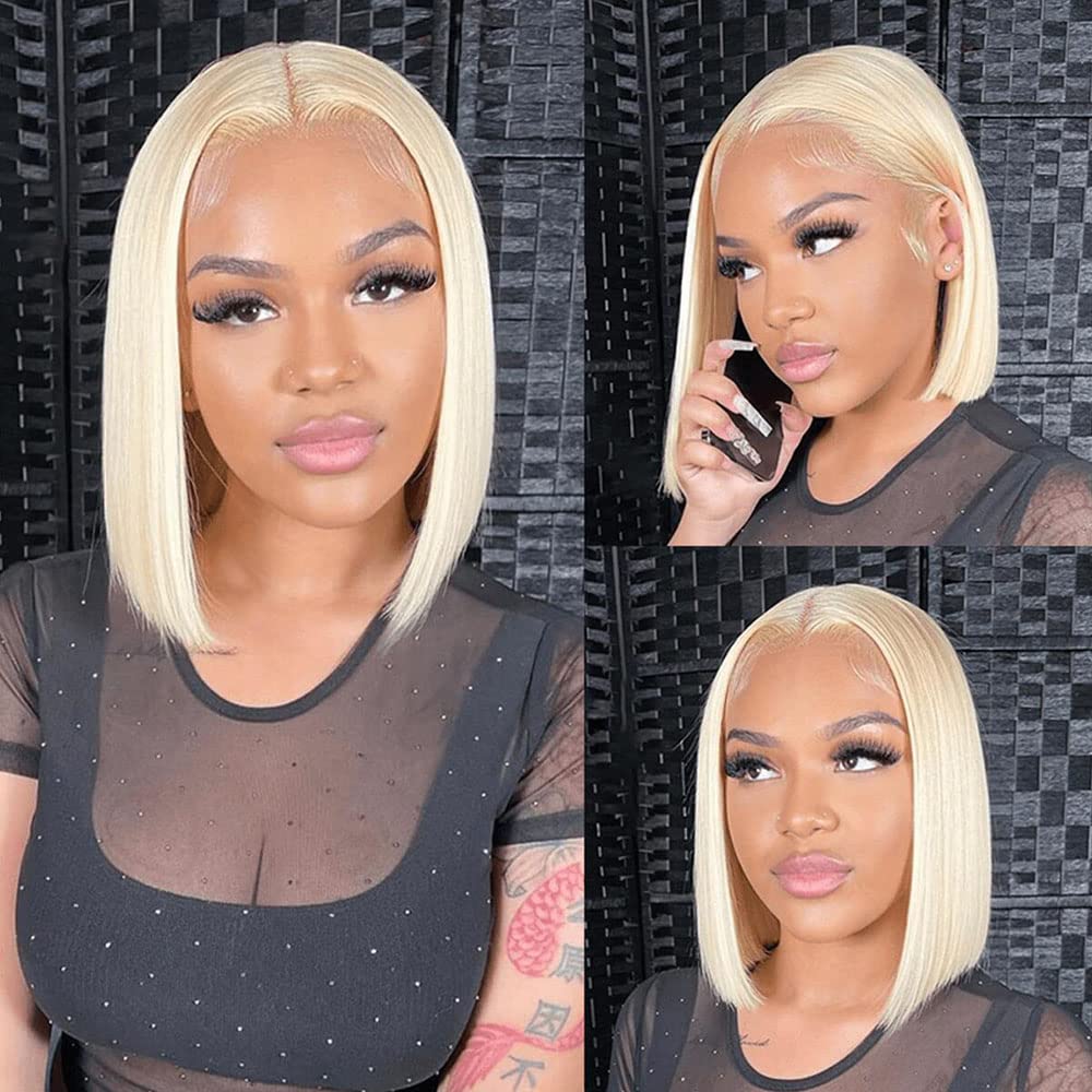 Lzlefho Pelucas cortas estilo Bob con encaje frontal de 13 x 4, cabello humano virgen brasileño sin pegamento, cabello humano virgen brasileño 613,