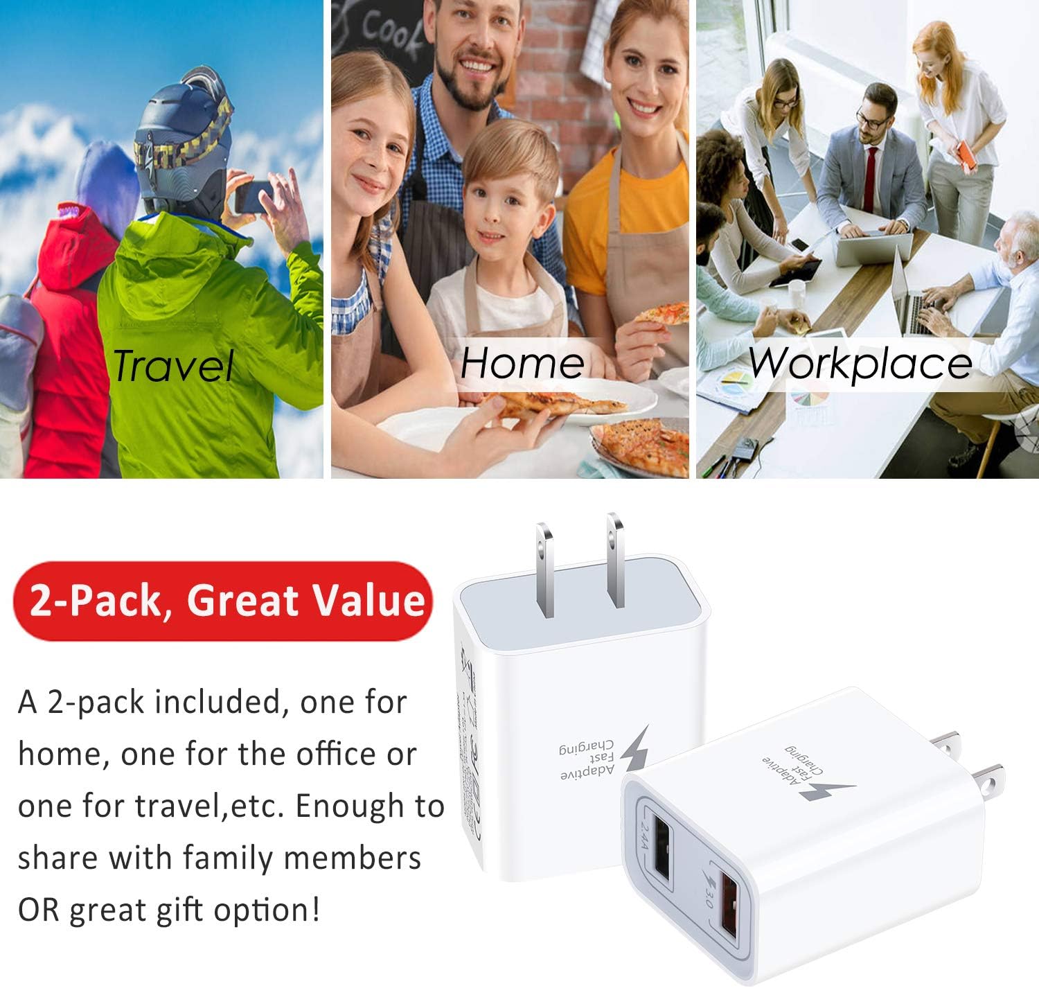 Pofesun – Cargador de pared USB, paquete de 2 unidades de doble puerto USB cubo, adaptador de corriente de carga rápida 3.0, enchufe de carga QC3.0,