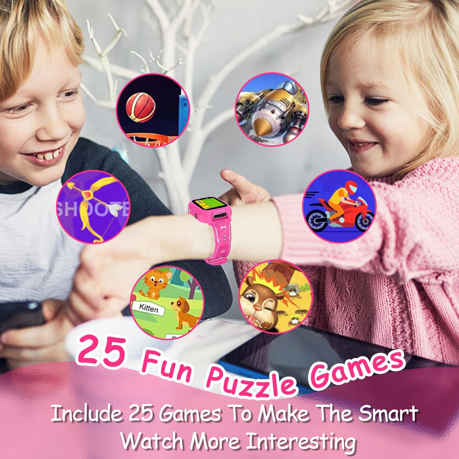 Reloj inteligente para niñas con 25 juegos de rompecabezas, calculadora de video, pantalla táctil HD, reloj despertador, podómetro, relojes para