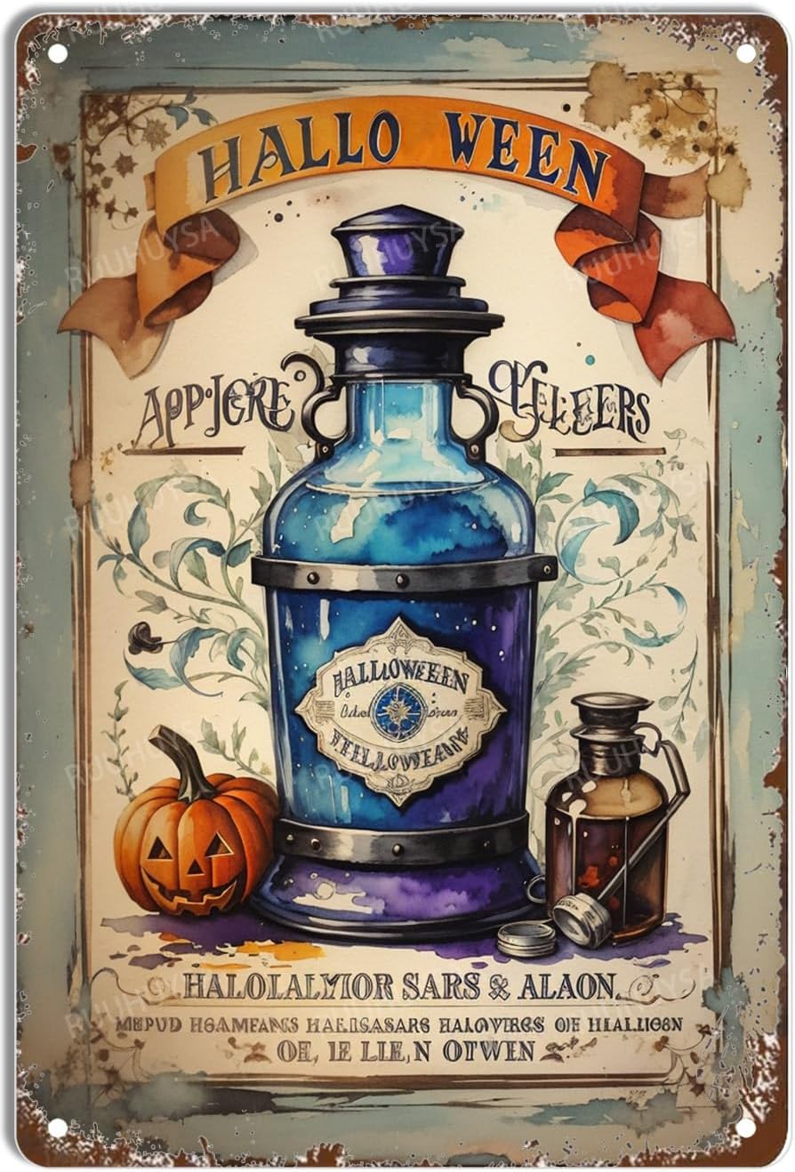 RUUHUYSA Helloween – Letrero de metal vintage de boticario de Halloween, pociones y elixires, letrero de hojalata Shabby Chic para el hogar, regalo
