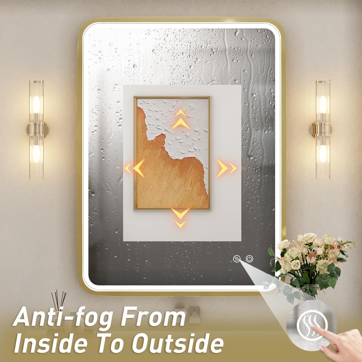 Espejo de baño LED de 28 x 36 pulgadas con luces, espejos de tocador iluminados para montar en la pared con marco de metal dorado que no se oxida,