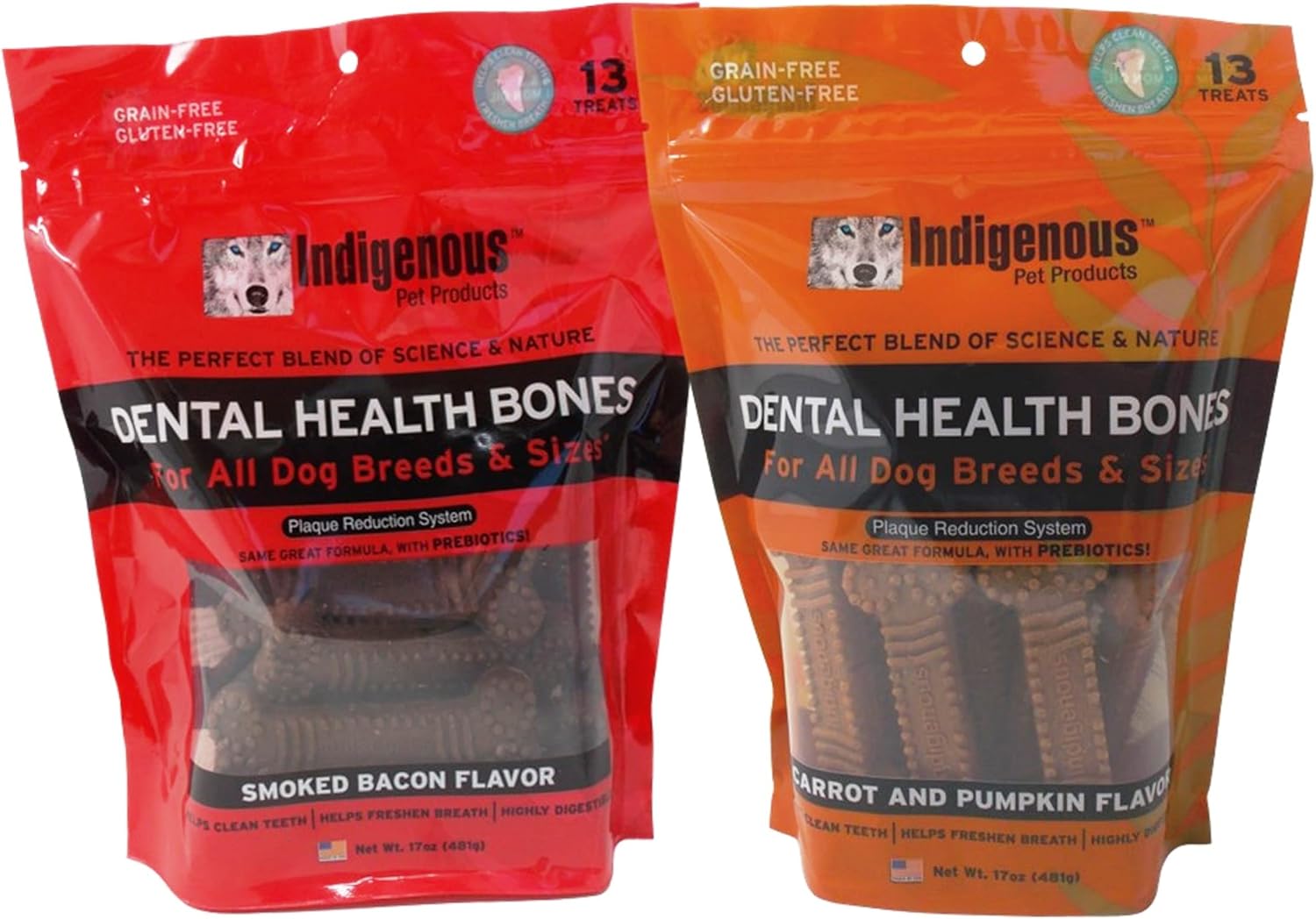 Indigenous Paquete variado de 2 sabores de huesos de salud dental sin granos (1) sabor tocino ahumado y (1) sabor a zanahoria y calabaza, 17 onzas.