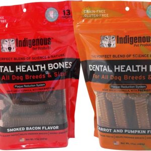 Indigenous Paquete variado de 2 sabores de huesos de salud dental sin granos (1) sabor tocino ahumado y (1) sabor a zanahoria y calabaza, 17 onzas. Indigenous Paquete variado de 2 sabores de huesos de salud dental sin granos (1) sabor tocino ahumado y (1) sabor a zanahoria y calabaza, 17 onzas.