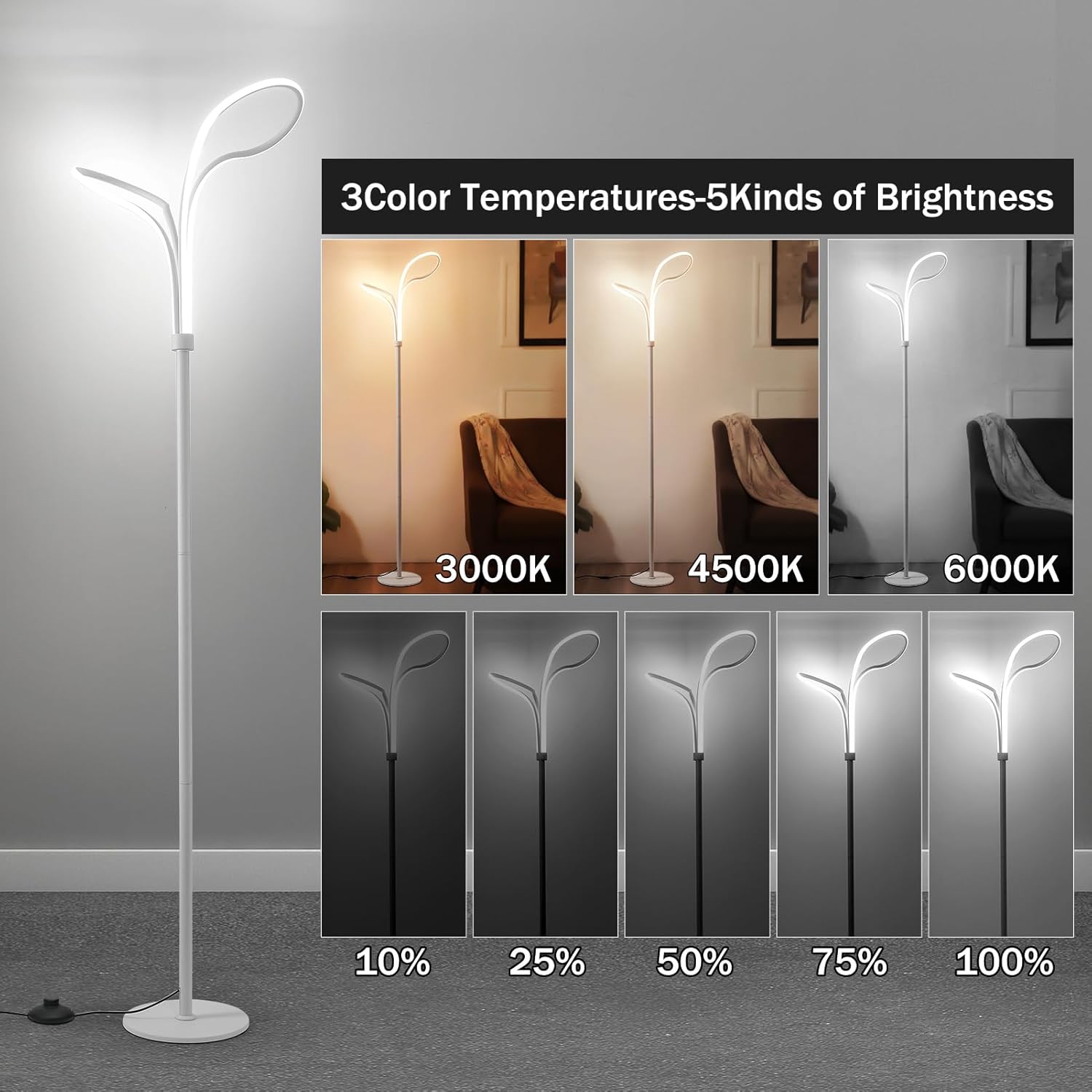 Lámpara de pie, lámparas de pie LED modernas para sala de estar, 40W-2500LM-3Color Lámpara de pie regulable remota, lámpara de pie blanca grande de