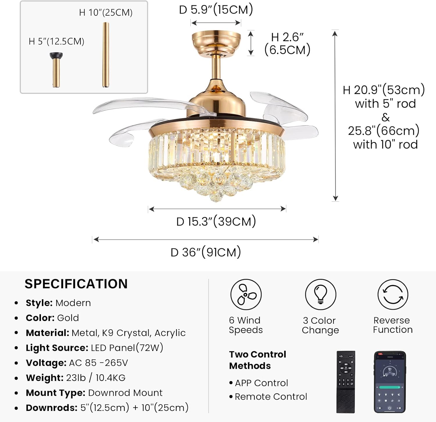 Siljoy Ventilador de techo retráctil con control remoto de luz, moderno ventilador de techo de cristal dorado, 3 vías regulable de 6 velocidades de