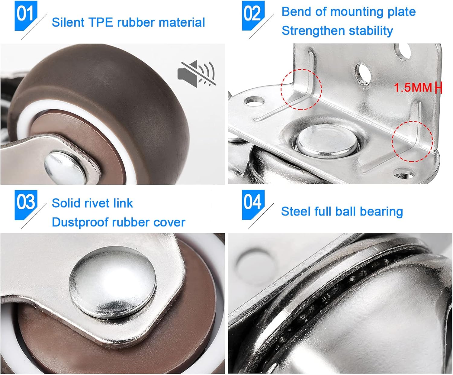 Ruedas giratorias de 11.251.52 in en forma de L de 5 agujeros con frenos, rueda de repuesto silenciosa para muebles de cuna, rodamiento de 176.4lbs,
