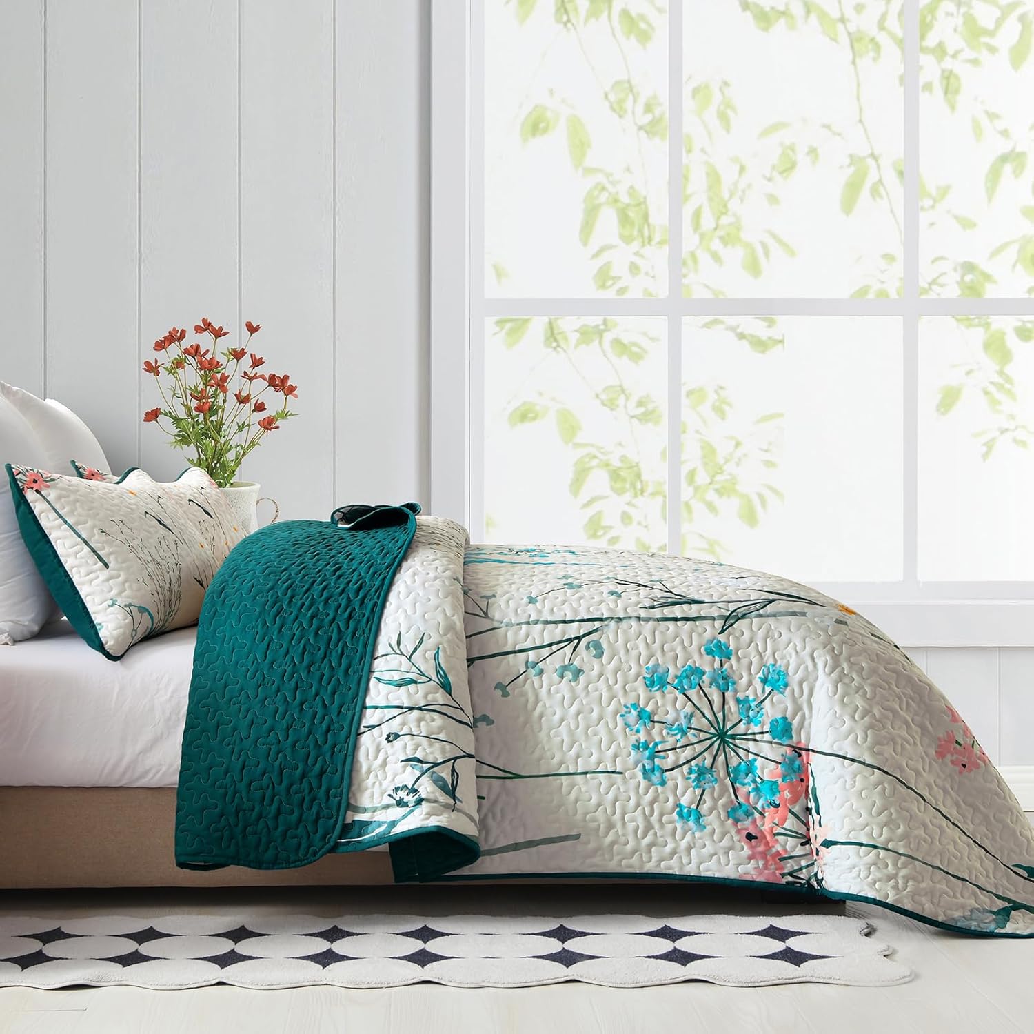 Juego de edredón floral tamaño Queen, juego de colcha botánica beige de 3 piezas de microfibra suave y ligera para todas las estaciones, 96 x 90