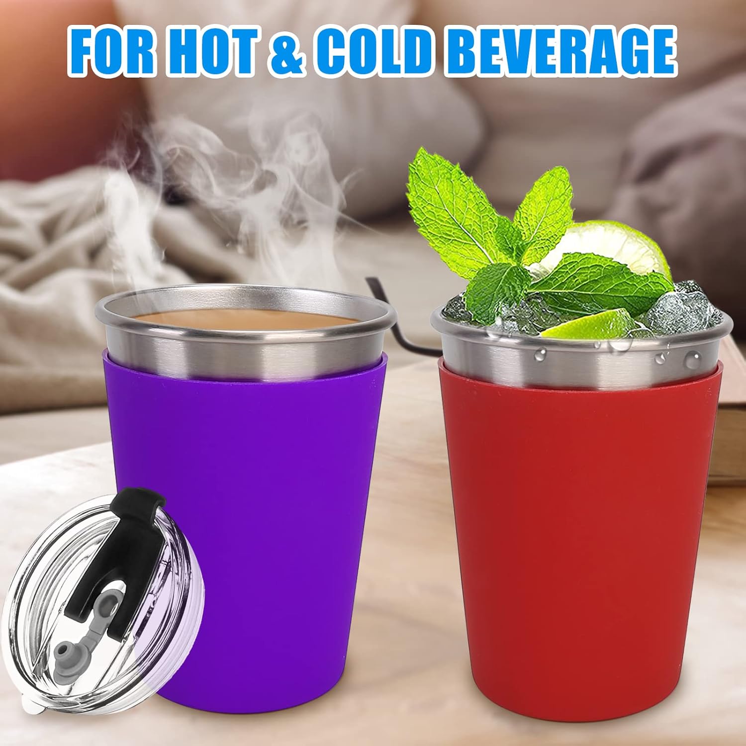 Vasos de acero inoxidable para niños, vasos de metal de 12 onzas con tapas y mangas, vasos irrompibles a prueba de derrames para niños y adultos,