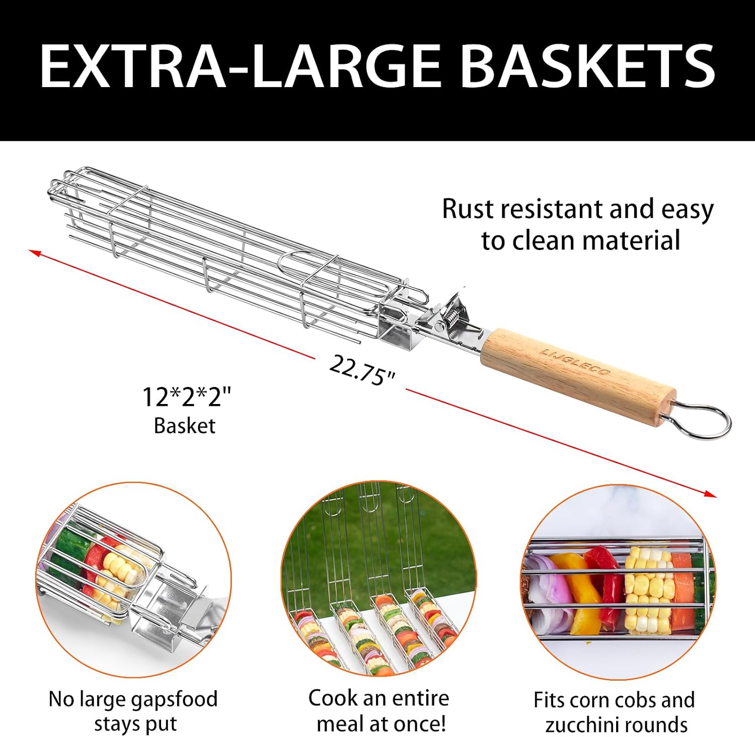 Cesta grande para asar Kabob, juego de 4 piezas y soporte de maíz, 2 pares, accesorio para barbacoa al aire libre, mango desmontable de madera,