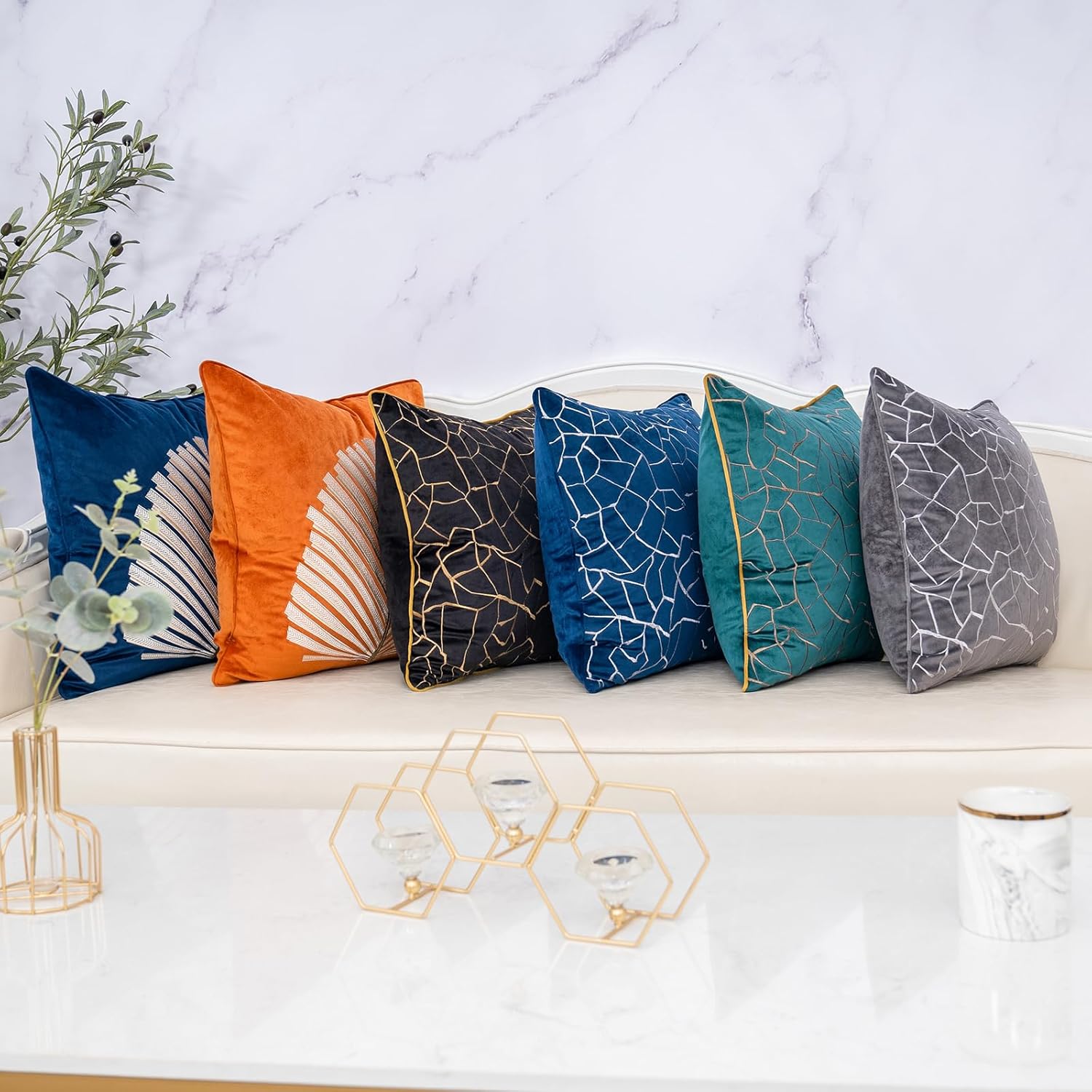 Yangest Funda de almohada de terciopelo con hojas azules, moderna, bordada, funda de cojín neutra para sofá, dormitorio, sala de estar, decoración
