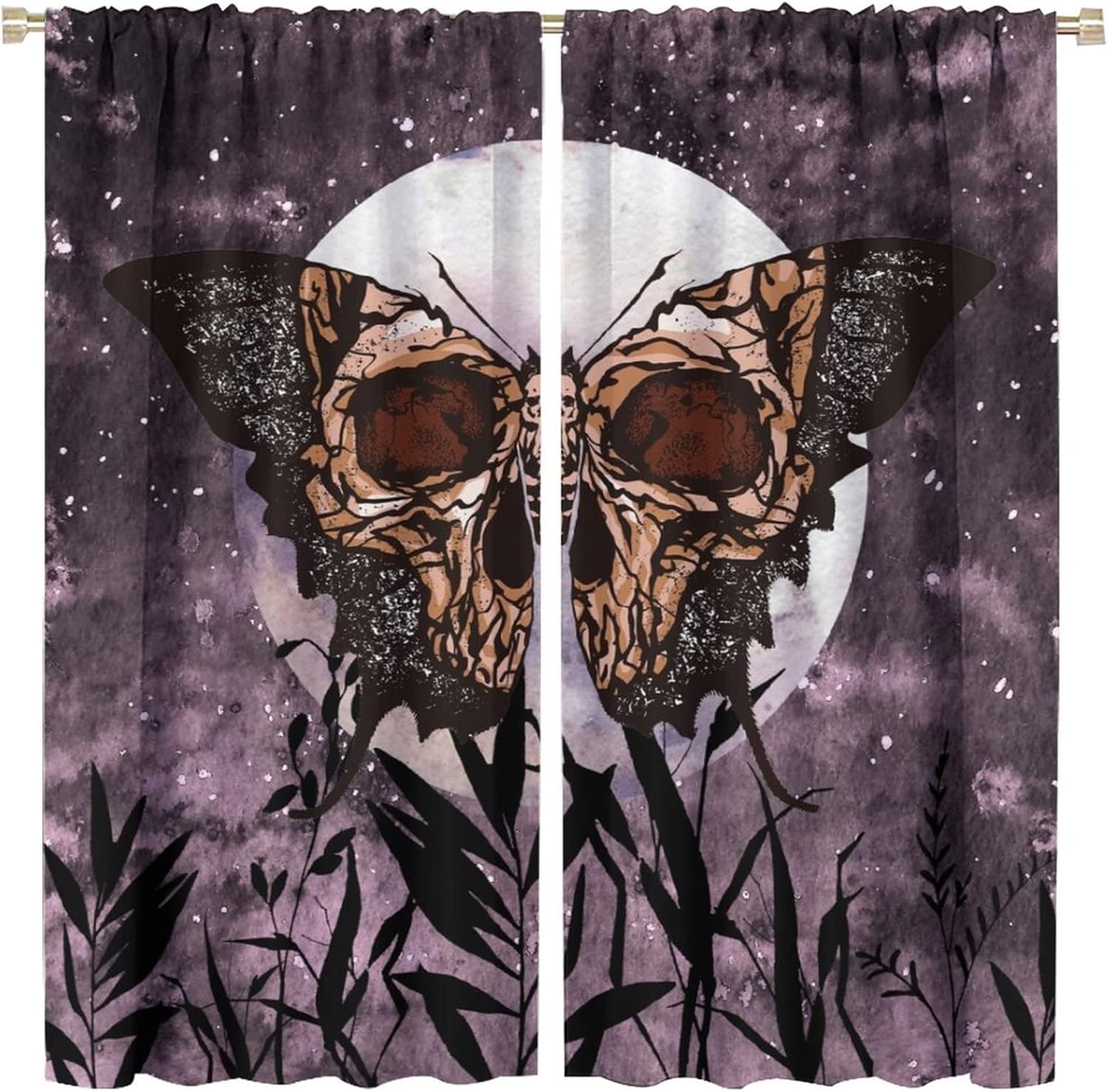 Cortinas de polilla de la muerte, cortinas bohemias góticas de calavera, fantástica decoración de fondo de luna llena, plantas estrelladas moradas,