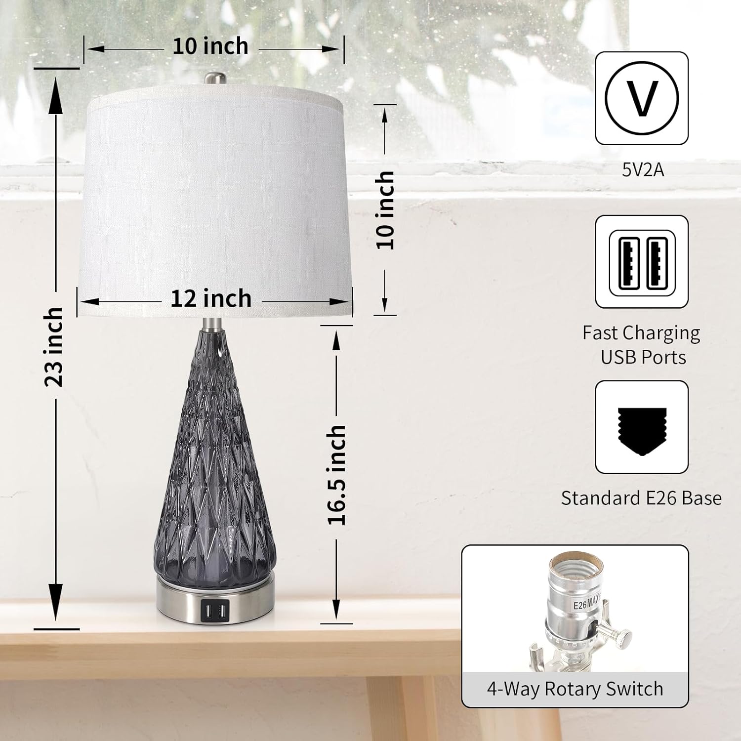 Juego de 2 lámparas de mesa para sala de estar, lámpara de noche de cristal moderna con puertos USB, lámparas de mesita de noche regulables de 4