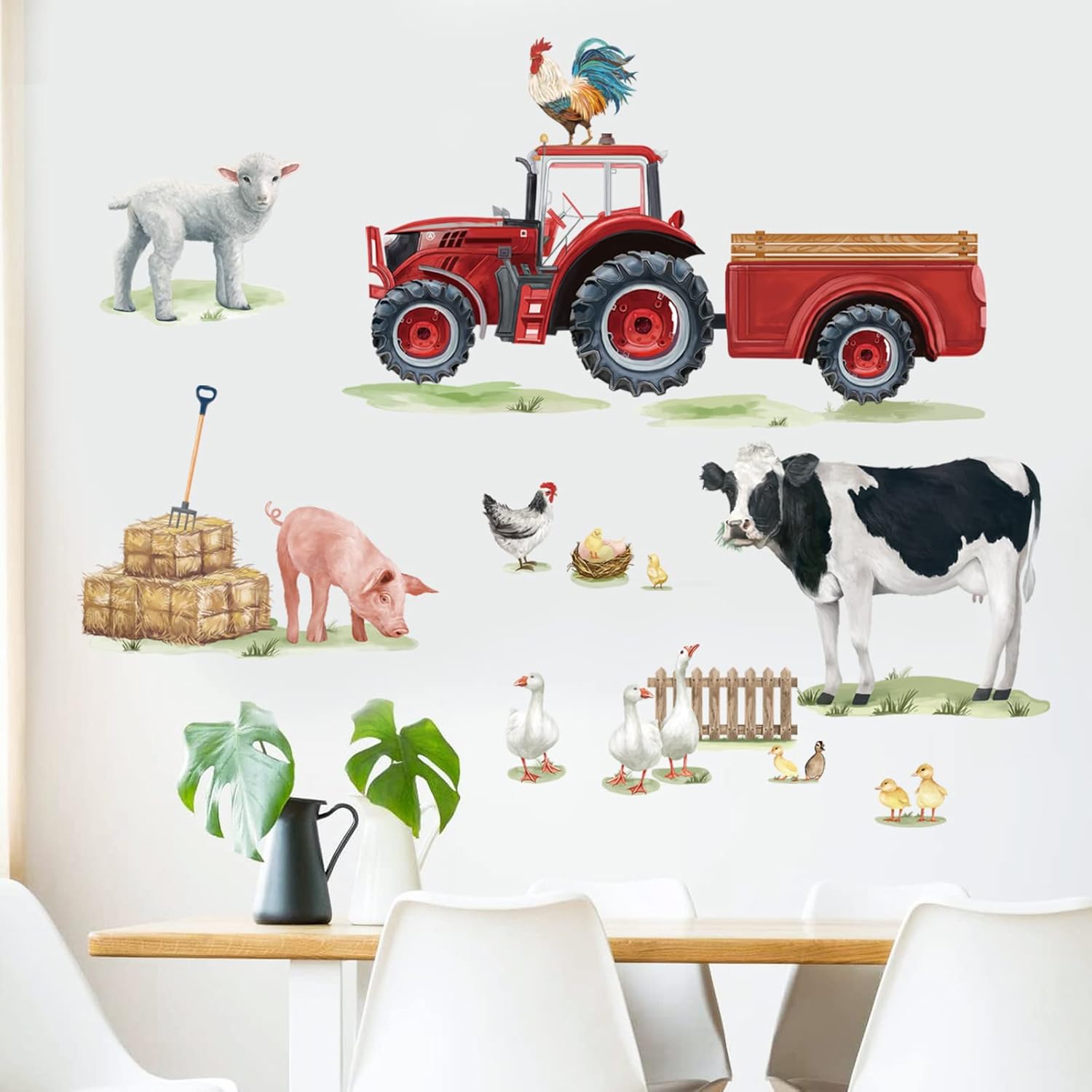 wondever Calcomanías de pared de animales de granja, vaca, camión, gallos pelar y pegar, calcomanías artísticas para cocina, sala de estar,