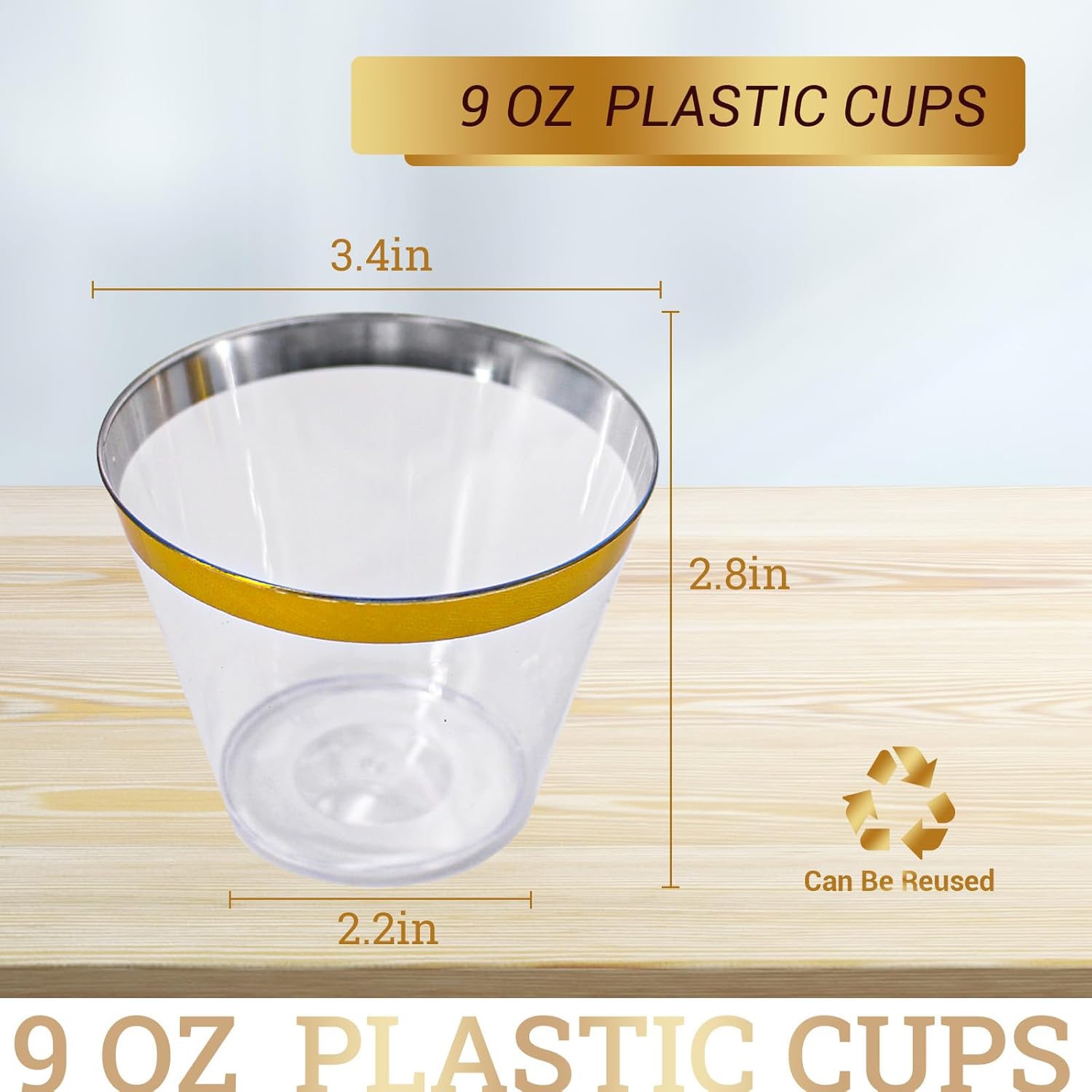 LFGUD 100 vasos de plástico dorados, vasos de plástico desechables de 9 onzas para fiestas, vasos desechables de plástico duro con borde dorado para