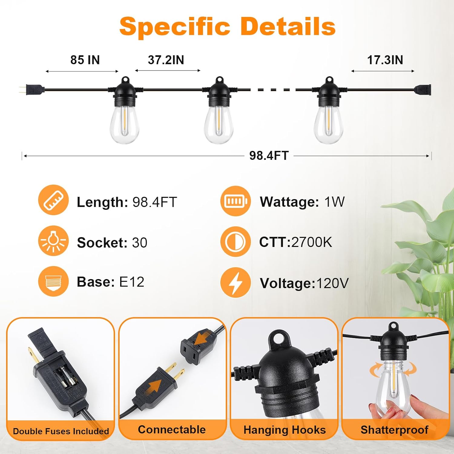 Guirnalda de luces LED para exteriores, con certificación UL, impermeable, con 32 bombillas Edison E12 S14 inastillables, luces regulables para