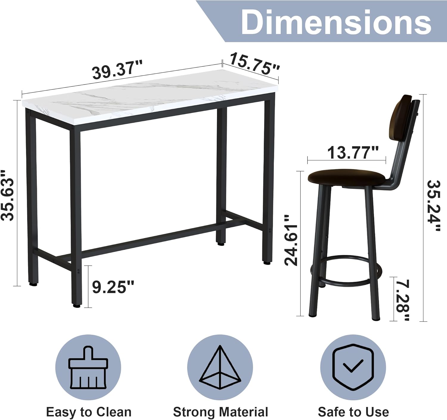 AWQM Juego de mesa de bar de 2.39.3 pulgadas de imitación de mármol y 2 taburetes tapizados de poliuretano con respaldo, juego de mesa industrial de