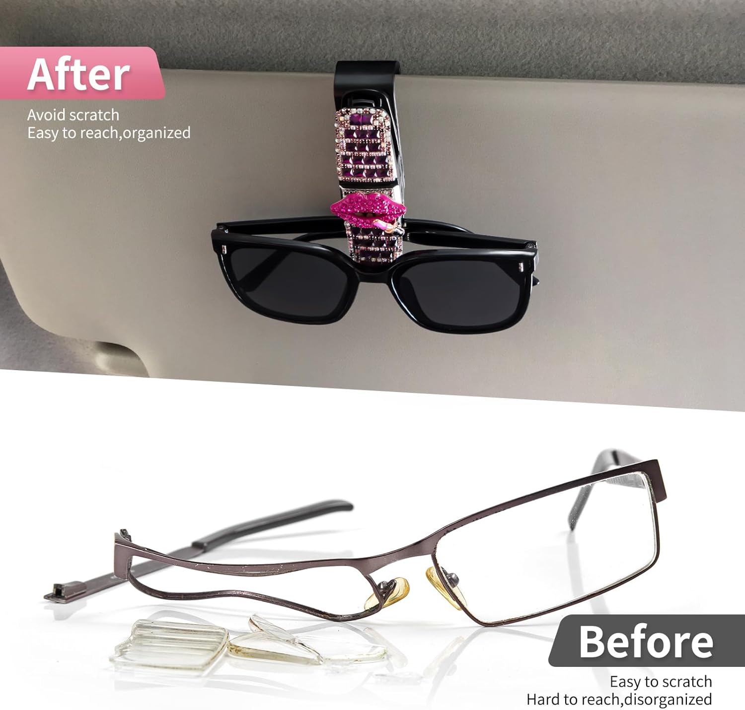 Paquete de 2 soportes para lentes de sol para parasol de automóvil con soporte de clip de boleto de doble extremo, accesorios para lentes de sol