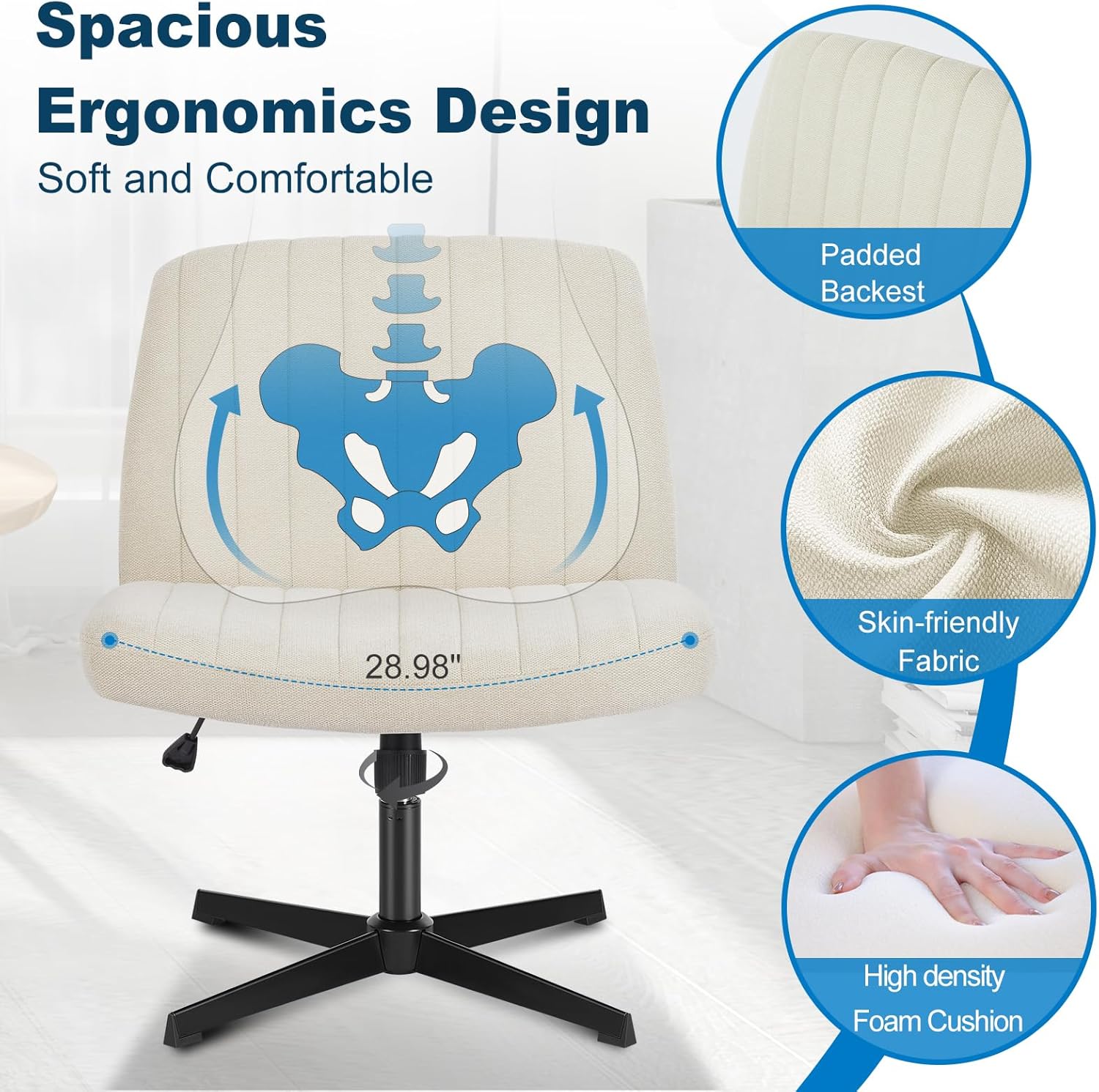 ZUNMOS Silla cruzada sin ruedas, silla giratoria con patas cruzadas, silla de tocador de tela moderna, silla sin brazos ancha ajustable en altura