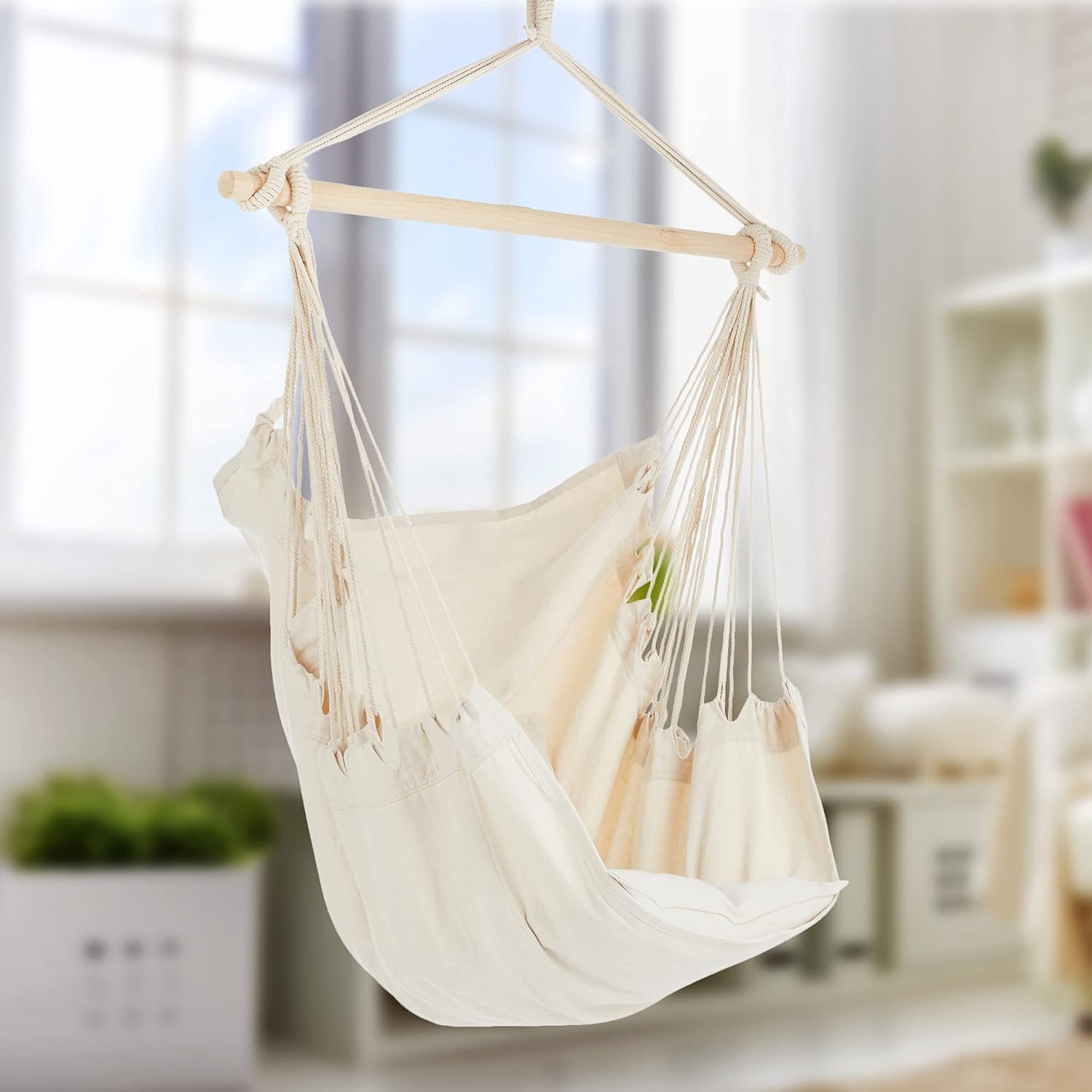 Project One Silla hamaca de cuerda colgante, asiento columpio de cuerda colgante con 2 almohadas, bolsa de transporte y kit de herramientas perfecto