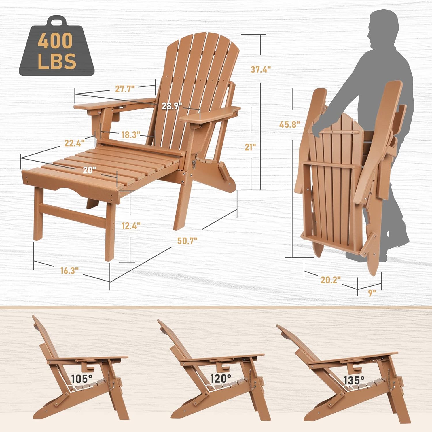 FUNBERRY Silla Adirondack con respaldo ajustable, sillas Adirondack plegables,Sillas Adirondack de plástico con otomana,Silla Adirondack resistente