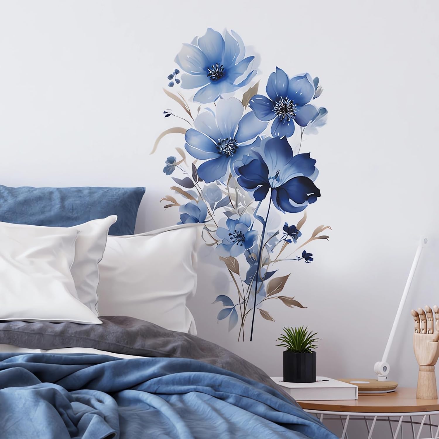 Calcomanías de pared con diseño de margaritas y peonías de sirena azul, calcomanías de pared de arte floral de rosas de acuarela de sacinora
