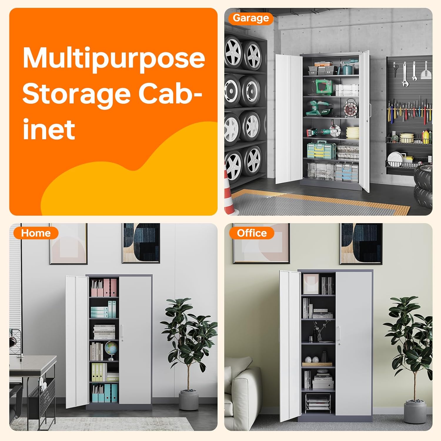 Armarios de almacenamiento de metal con cerradura, gabinete de almacenamiento de garaje de 71 pulgadas con 2 puertas y 4 estantes ajustables,