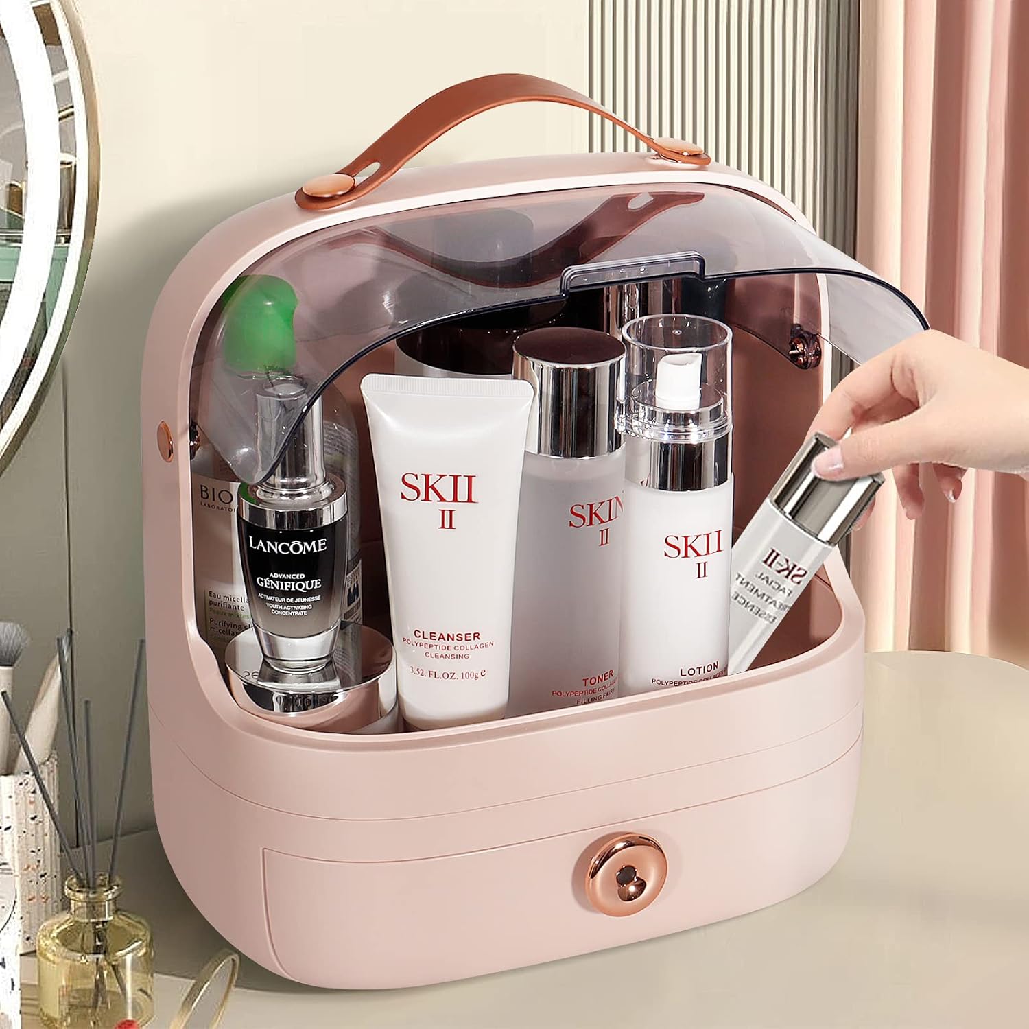 MASSY Egg Shape(Oval) Makeup Storage Box, Countertop Portable Vanity Cosmetics Organizer Preppy Style (MBOX-03-Pink)