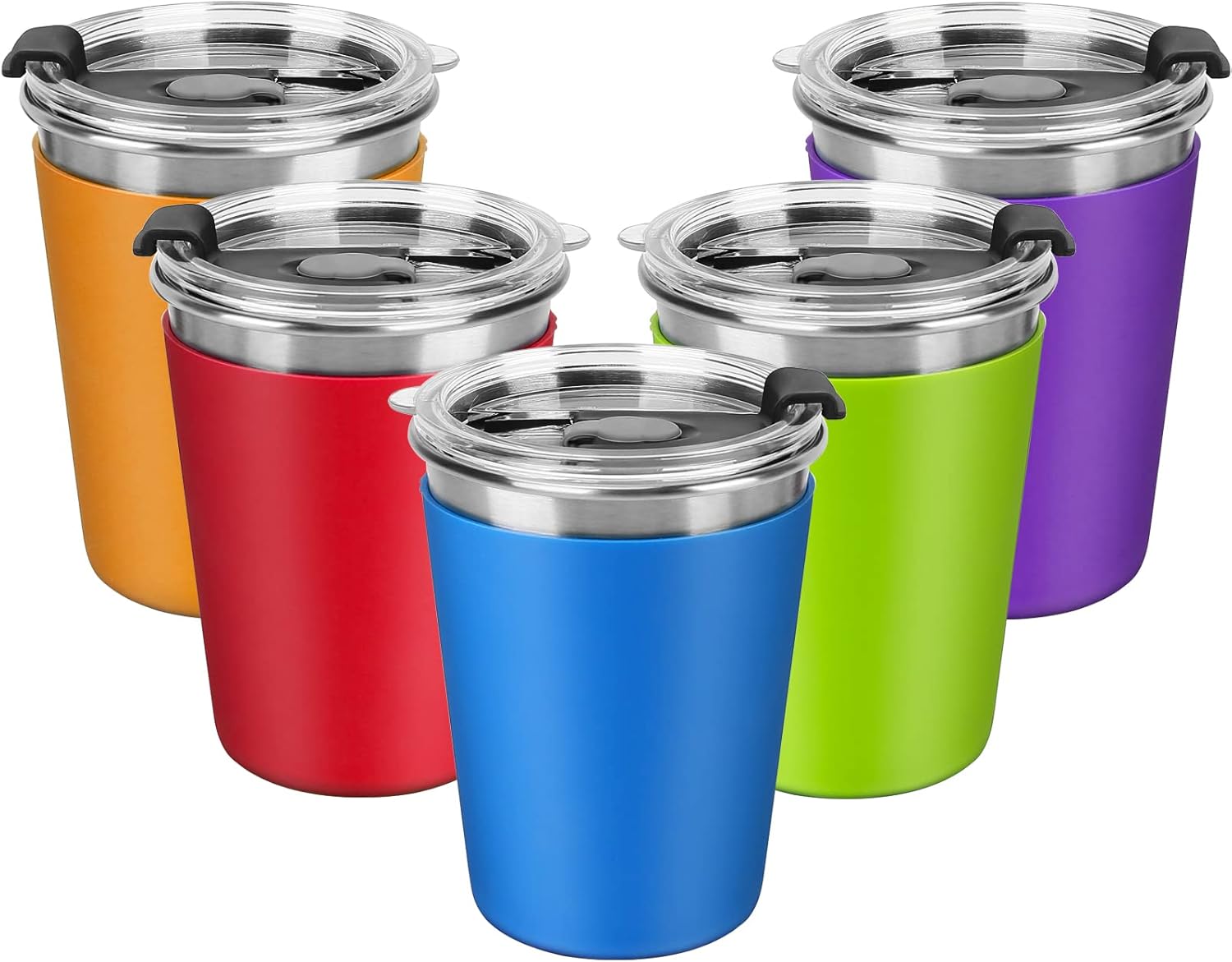 Vasos de acero inoxidable para niños, vasos de metal de 12 onzas con tapas y mangas, vasos irrompibles a prueba de derrames para niños y adultos,
