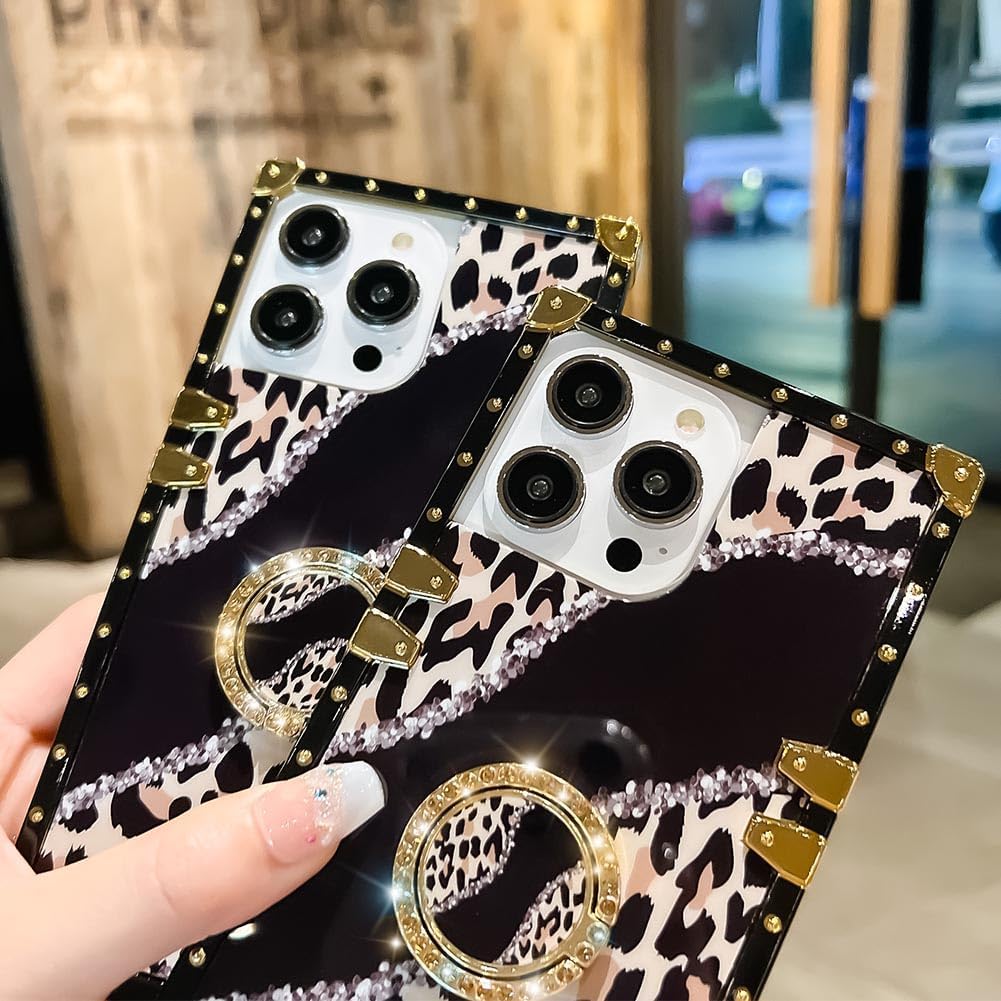 Funda cuadrada de lujo compatible con iPhone 15 Pro de 6.1 pulgadas, funda con soporte de diamante de leopardo, silicona suave y brillante a prueba