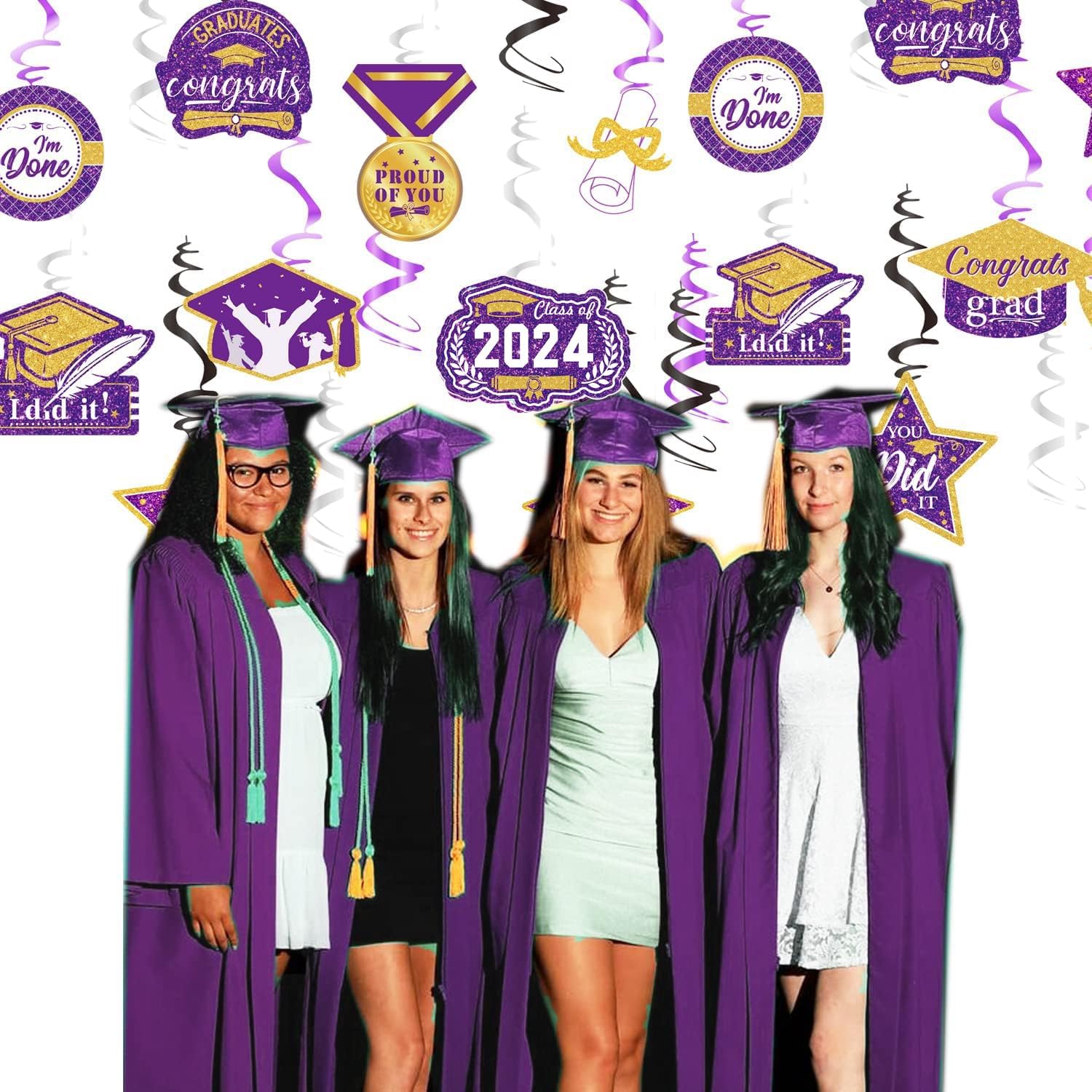 Decoraciones de graduación morado, negro y dorado 2024morado dorado, decoraciones de fiesta de graduación NYU, 15 espirales colgantes de clase de