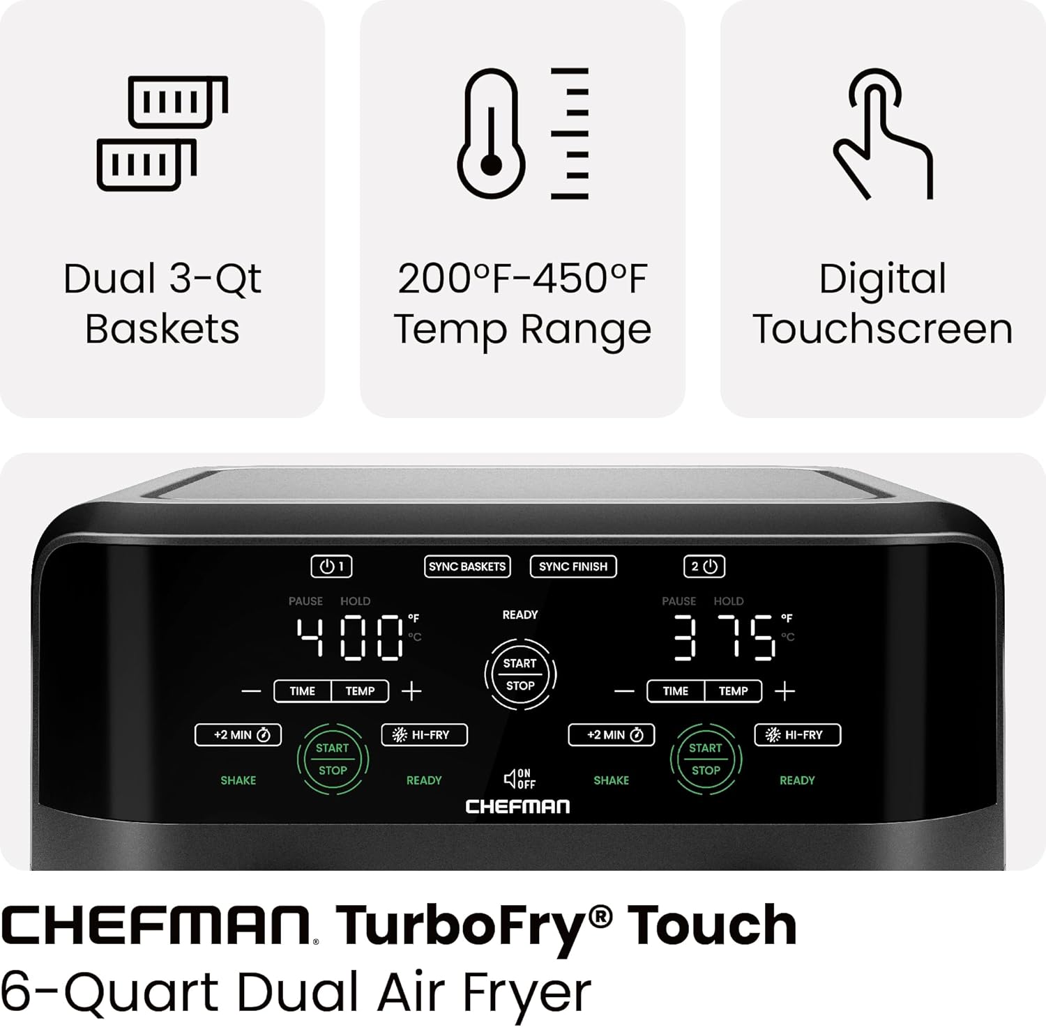 Chefman Freidora de aire de doble cesta de 6 cuartos de galón, pantalla táctil digital, acabado de sincronización inteligente, Hi-Fry, apagado
