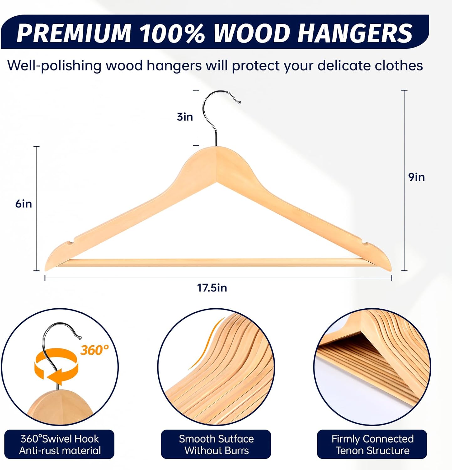 Perchas de madera natural, paquete de 20 unidades, perchas con ganchos giratorios de 360 grados, perchas de madera con ranuras para los hombros,