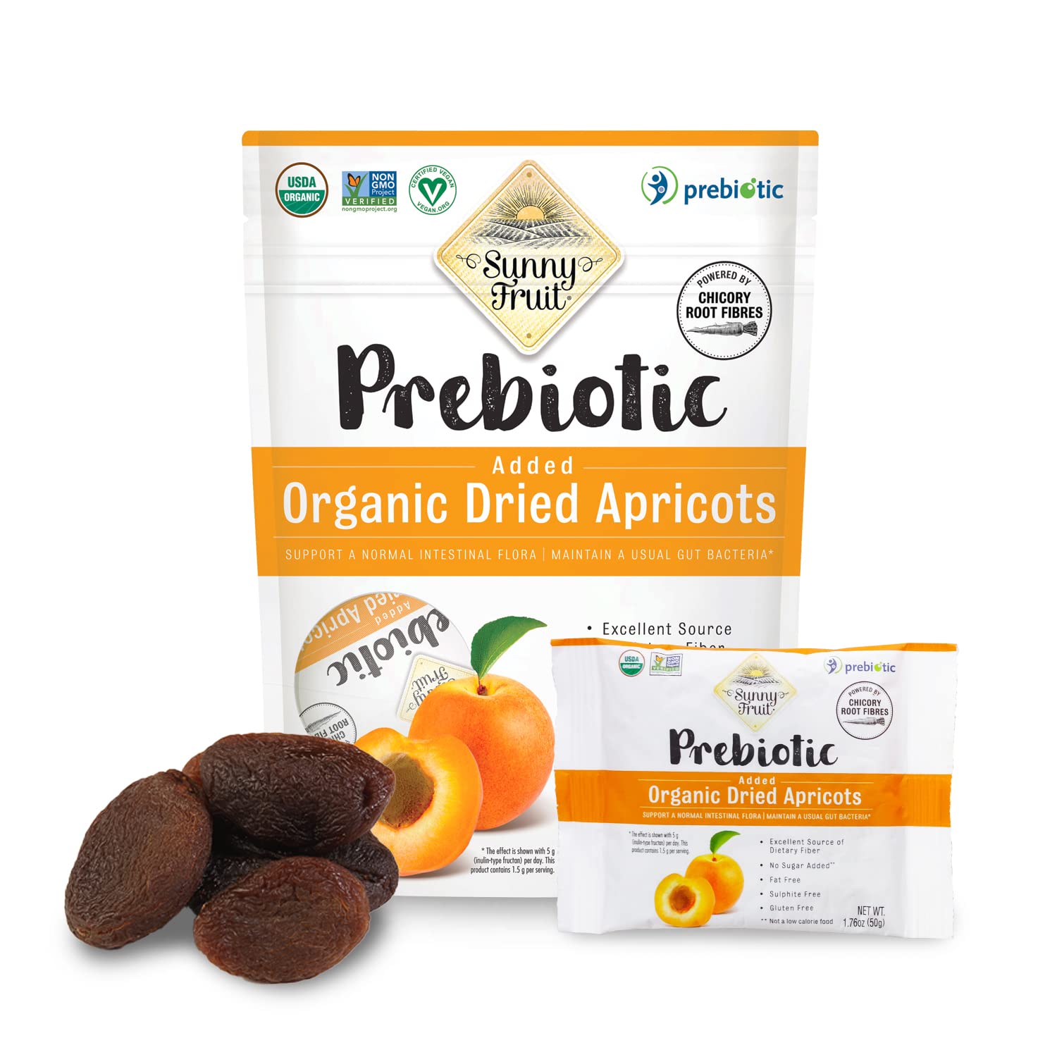 Albaricoques secos prebióticos orgánicos  Sunny Fruit  (5) paquetes de porciones de 1.76 onzas por bolsa  Albaricoques puramente  Sin azúcares,