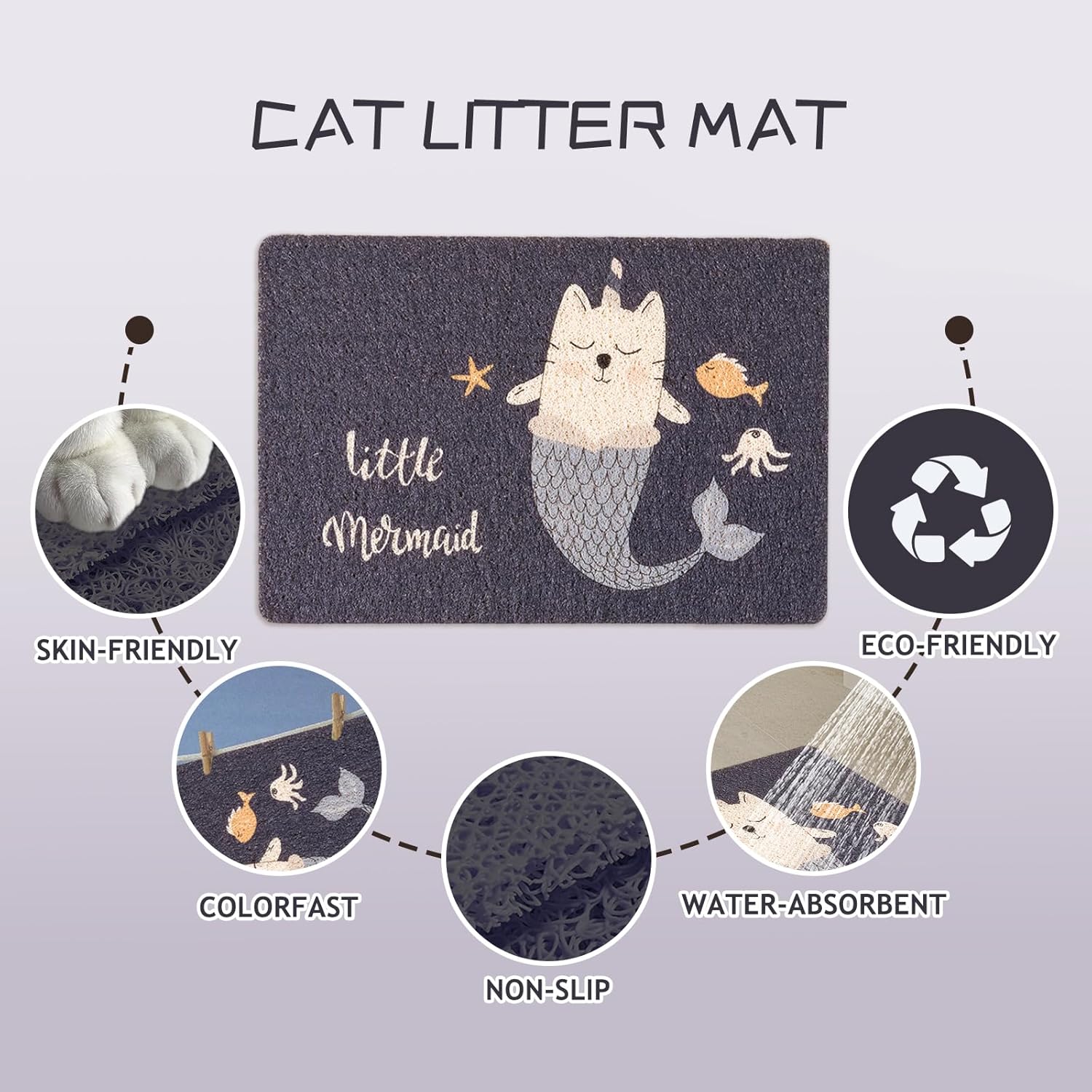 QWINEE Tapete de arena para gatos con estampado de dibujos animados para puerta, accesorios de alimentación antideslizante, perfil bajo, fácil de