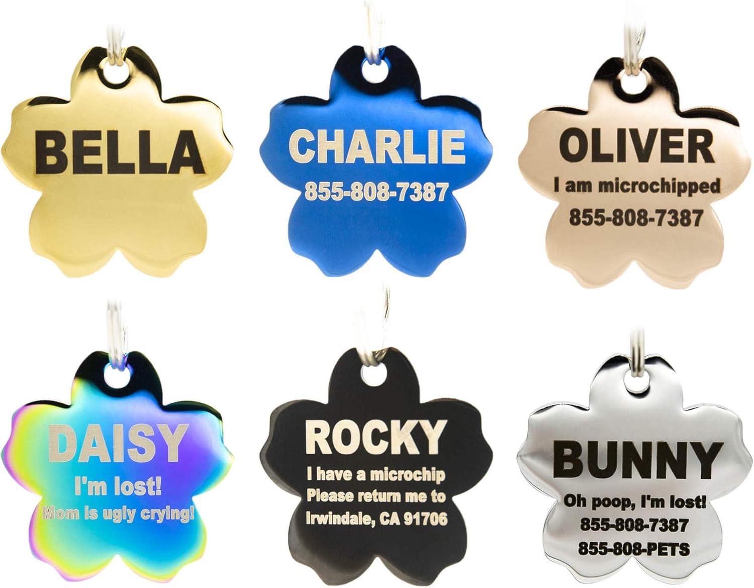 PetANtastic – Etiquetas identificatorias grabadas personalizables, en acero inoxidable, para perro o gato, identificación frontal y trasera, chapado