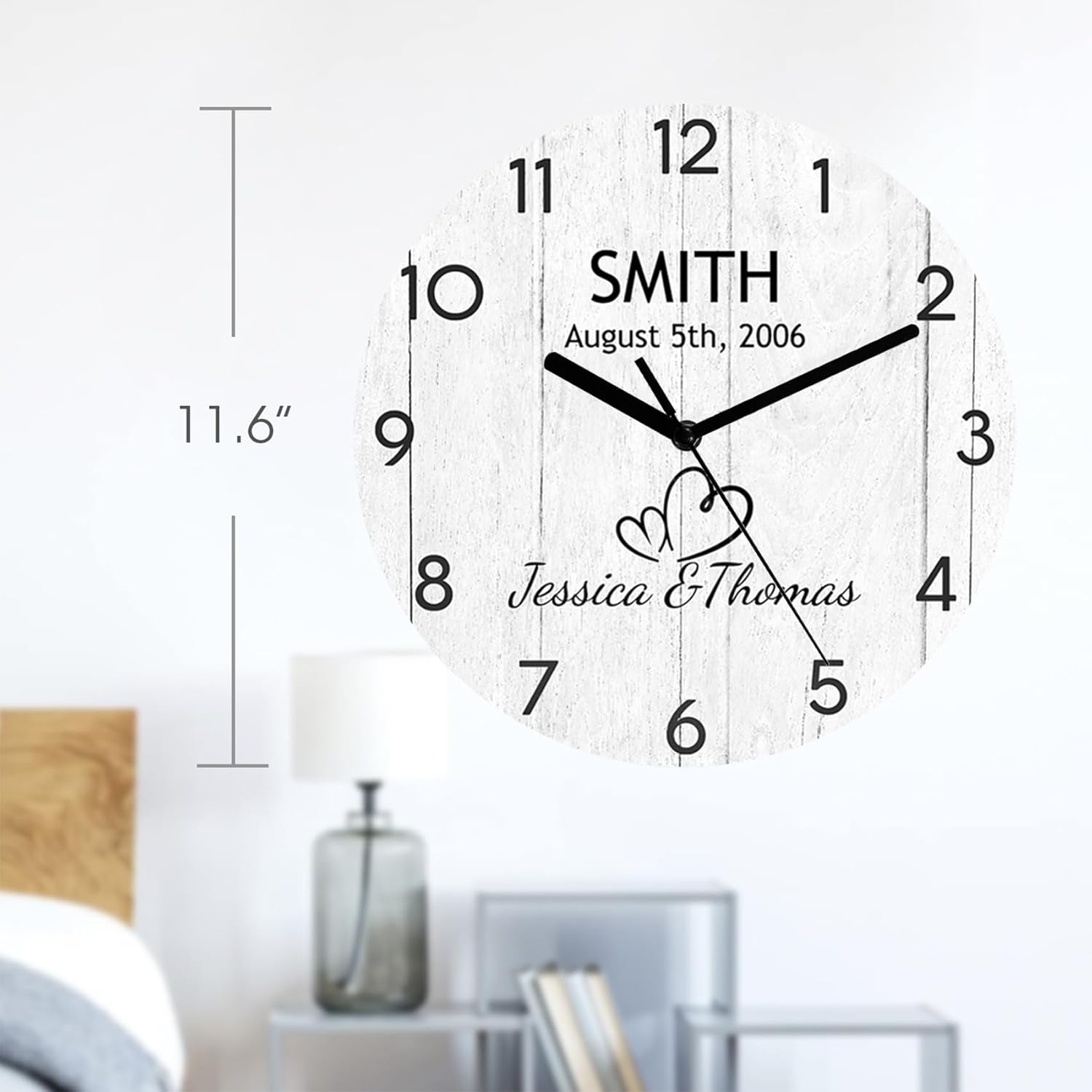 Reloj de pared personalizado con nombre de pareja para recién casados, fácil de leer, reloj rústico personalizado, funciona con pilas, silencioso,