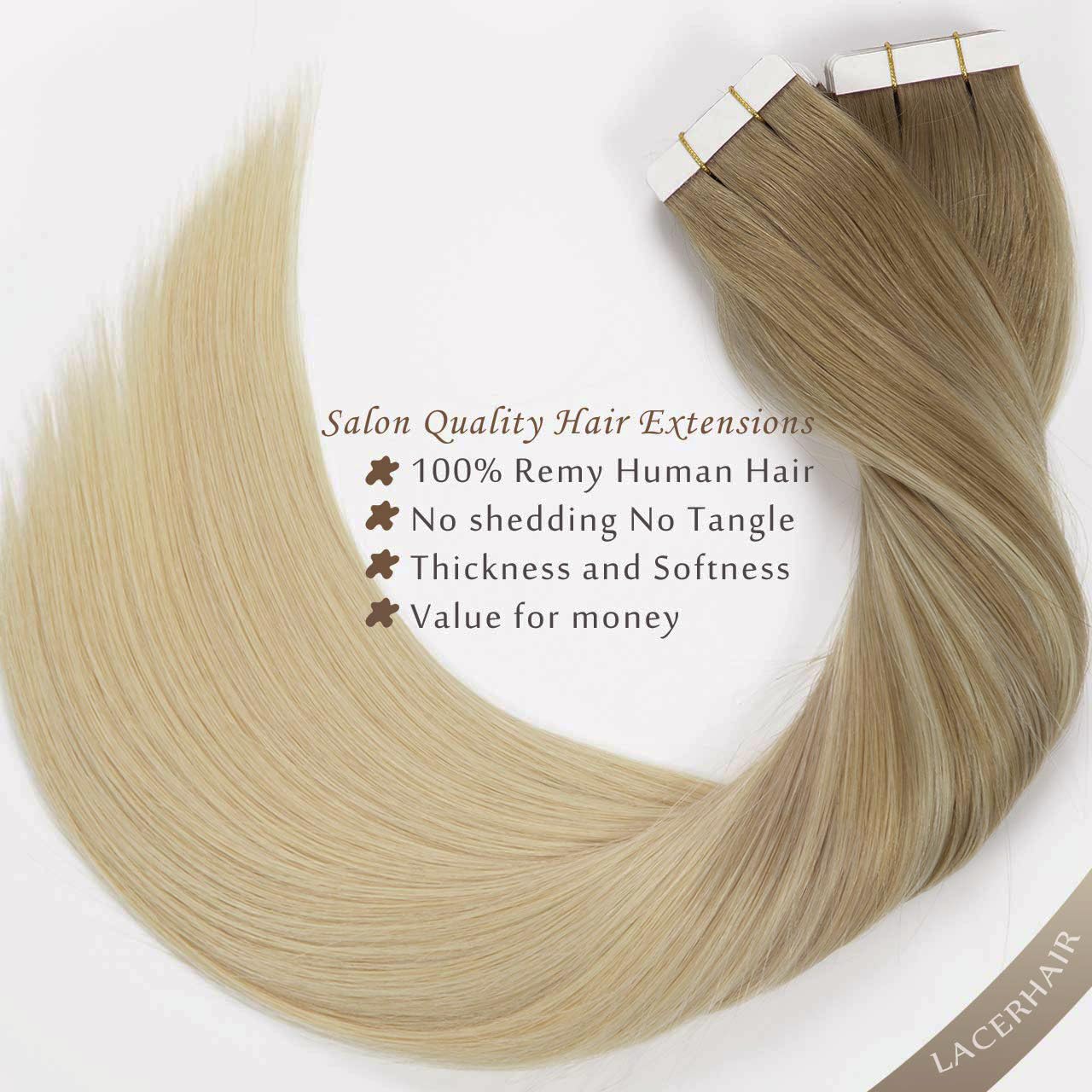 Lacer Extensiones de cabello rubio con cinta adhesiva de doble cara, trama de piel sin costuras, color marrón claro #8, balayage, rubio platino,