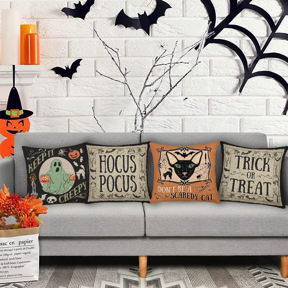 Juego de 4 fundas de almohada vintage de Halloween de 20 x 20 pulgadas, decoración de Halloween, gato aterrador, calabaza, fantasma, funda de cojín