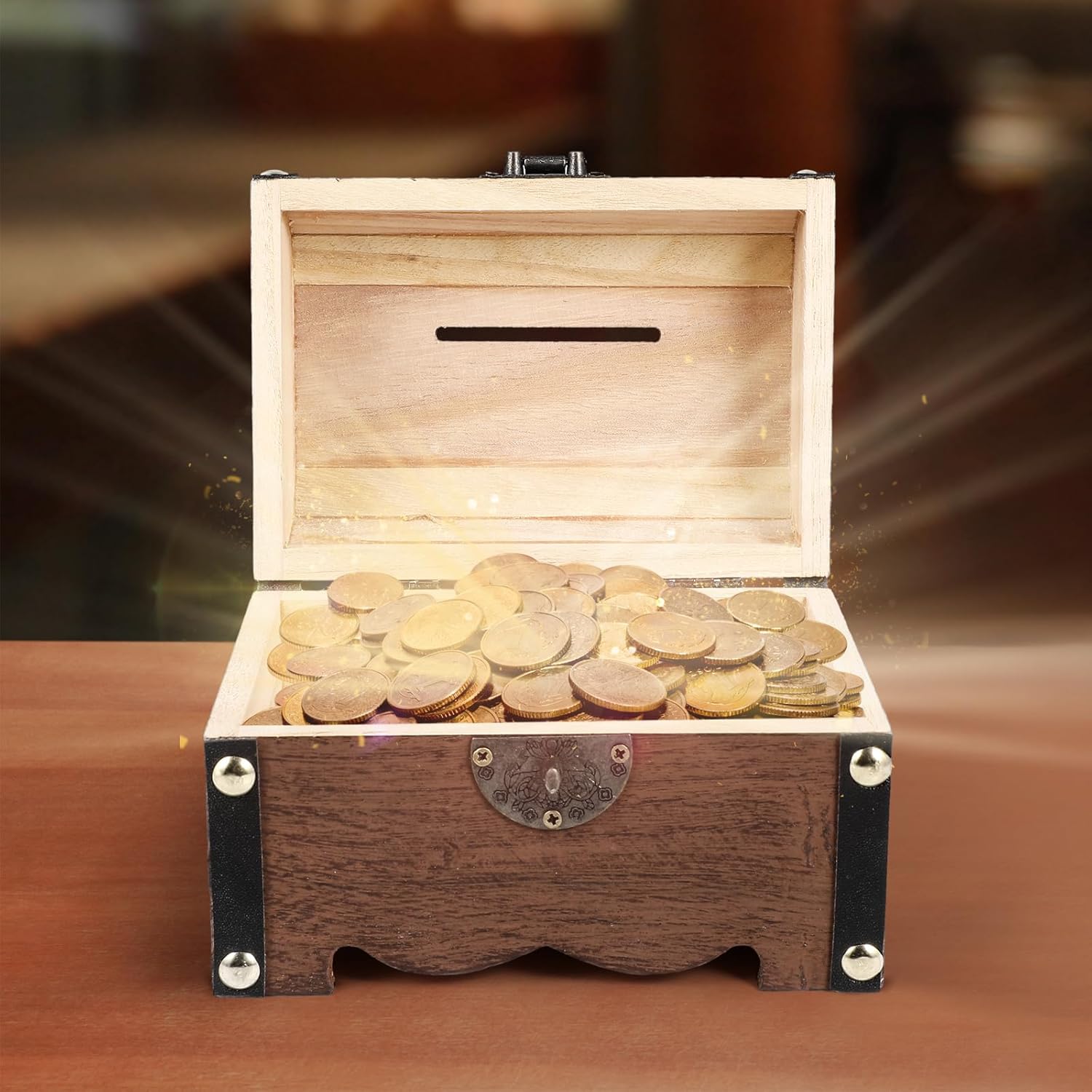 Zerodeko Cofre de madera del tesoro, alcancía, caja de almacenamiento de dinero, caja de almacenamiento de monedas para niños, caja de bloqueo con