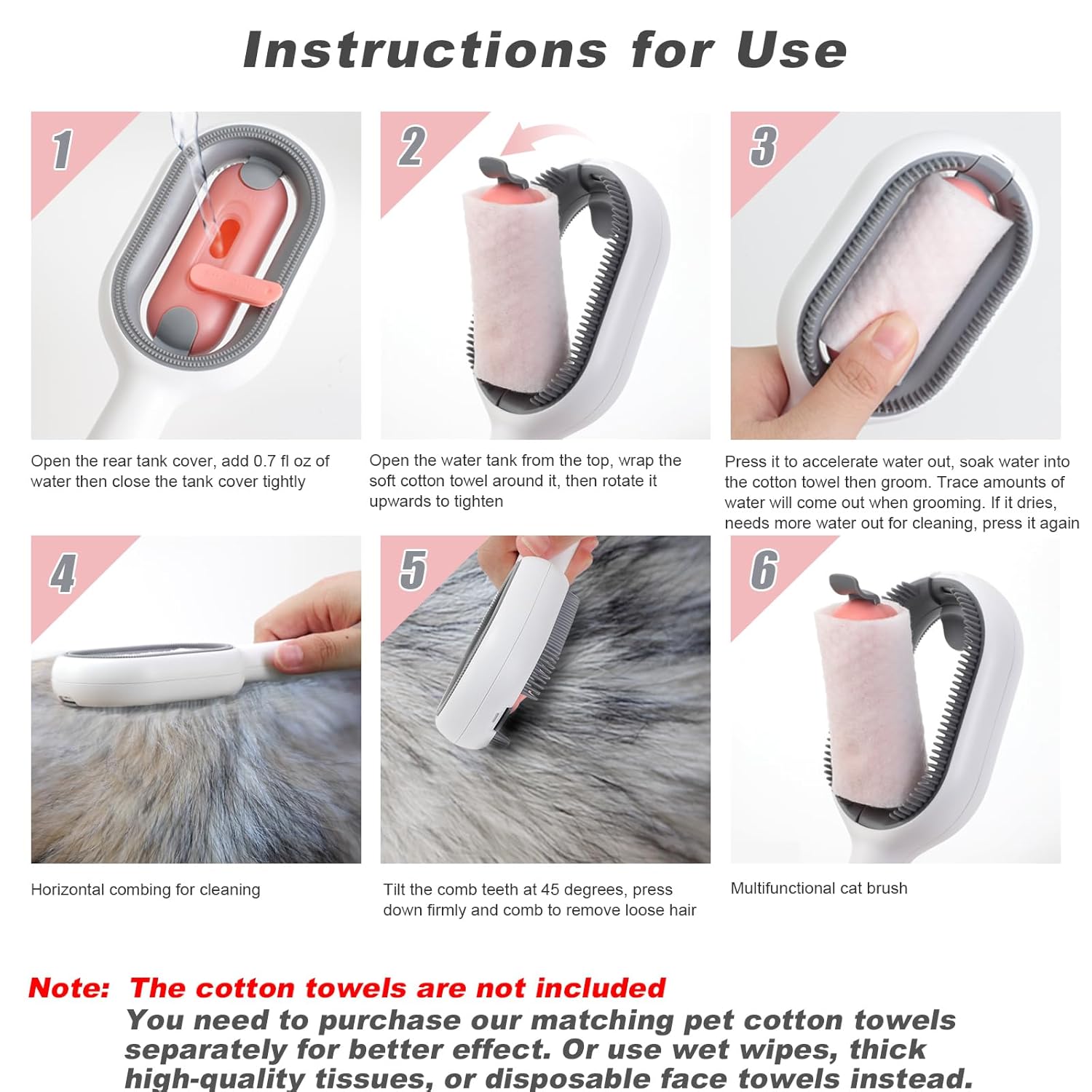 Water Brush for Cats Dogs, 4 in 1 Pet Grooming Brush, Cat Bath Brush, 2 in 1 Cleaning Brush Cat, Wet Cat Comb, Pet Hair Removal Comb with Water