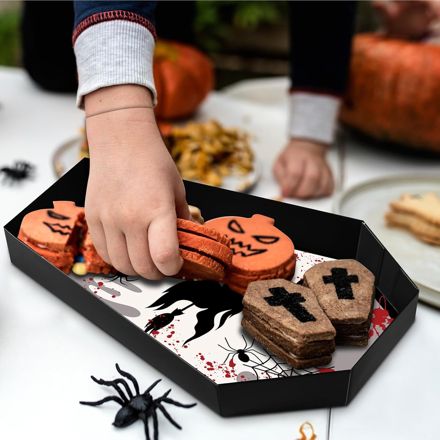 Bandeja de ataúd de papel de Halloween de 12.2 x 8.46 pulgadas, 16 piezas, estilo horrible