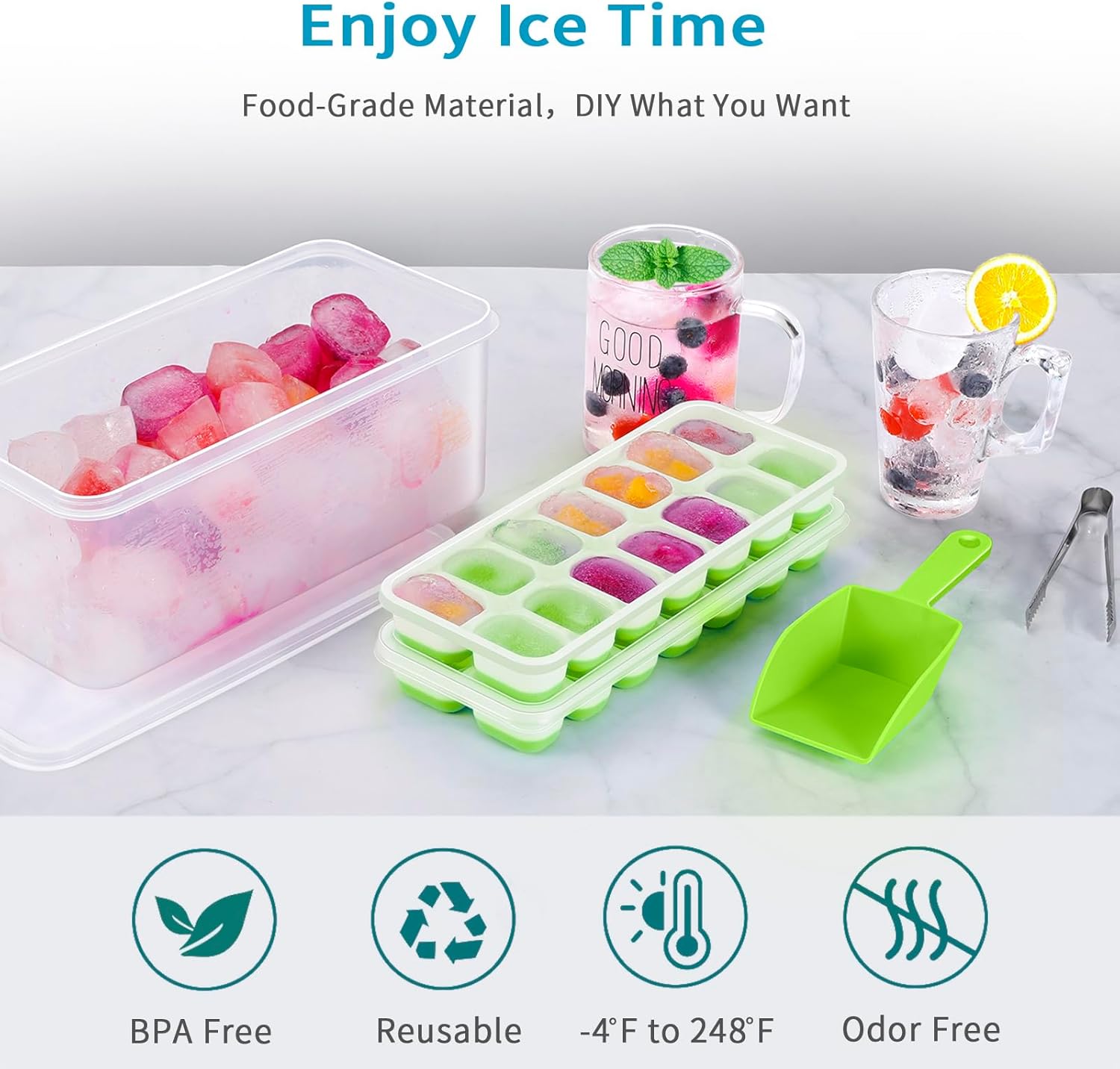 ARTLEO Bandeja para cubitos de hielo con tapa y contenedor, bandejas para cubitos de hielo de silicona y plástico de fácil liberación y contenedor