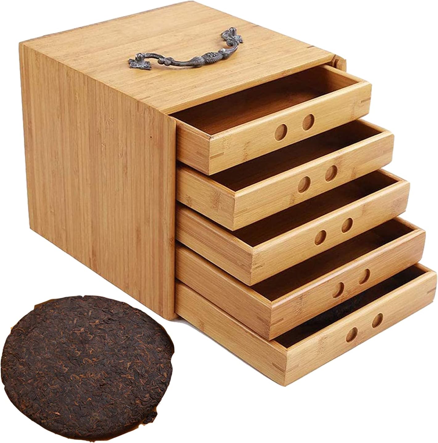 Caja de té de bambú natural de 5 capas, organizadores de té de madera y almacenamiento, gran baúl de té de madera con cajón deslizante para té Pu’er